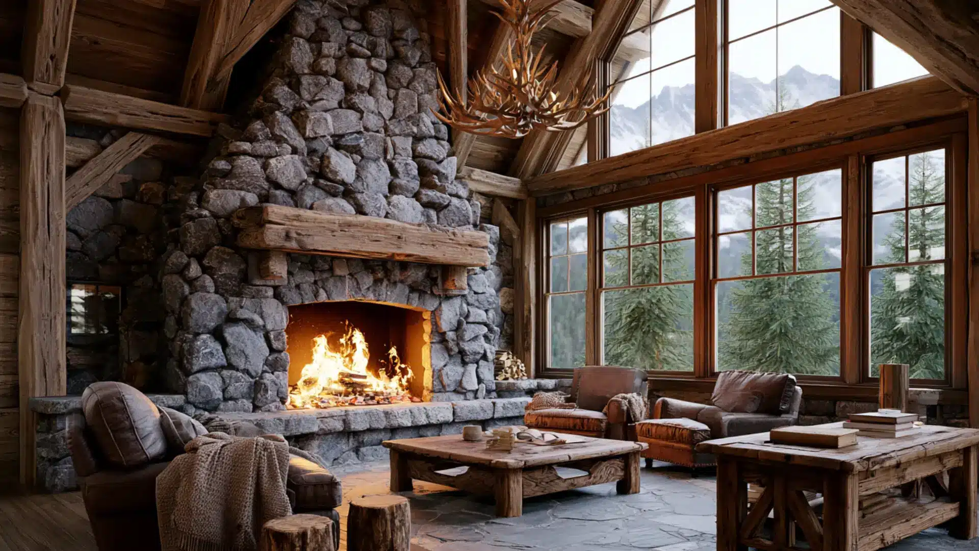 rustic cabin living room with a lit stone fireplace antler chandelier exposed wood beams and leather seating