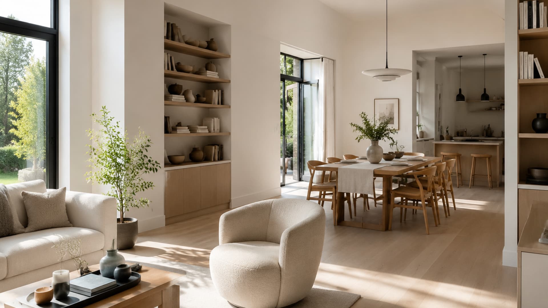 scandinavian open plan living room with boucle chair oak dining set built-in shelves and neutral tones