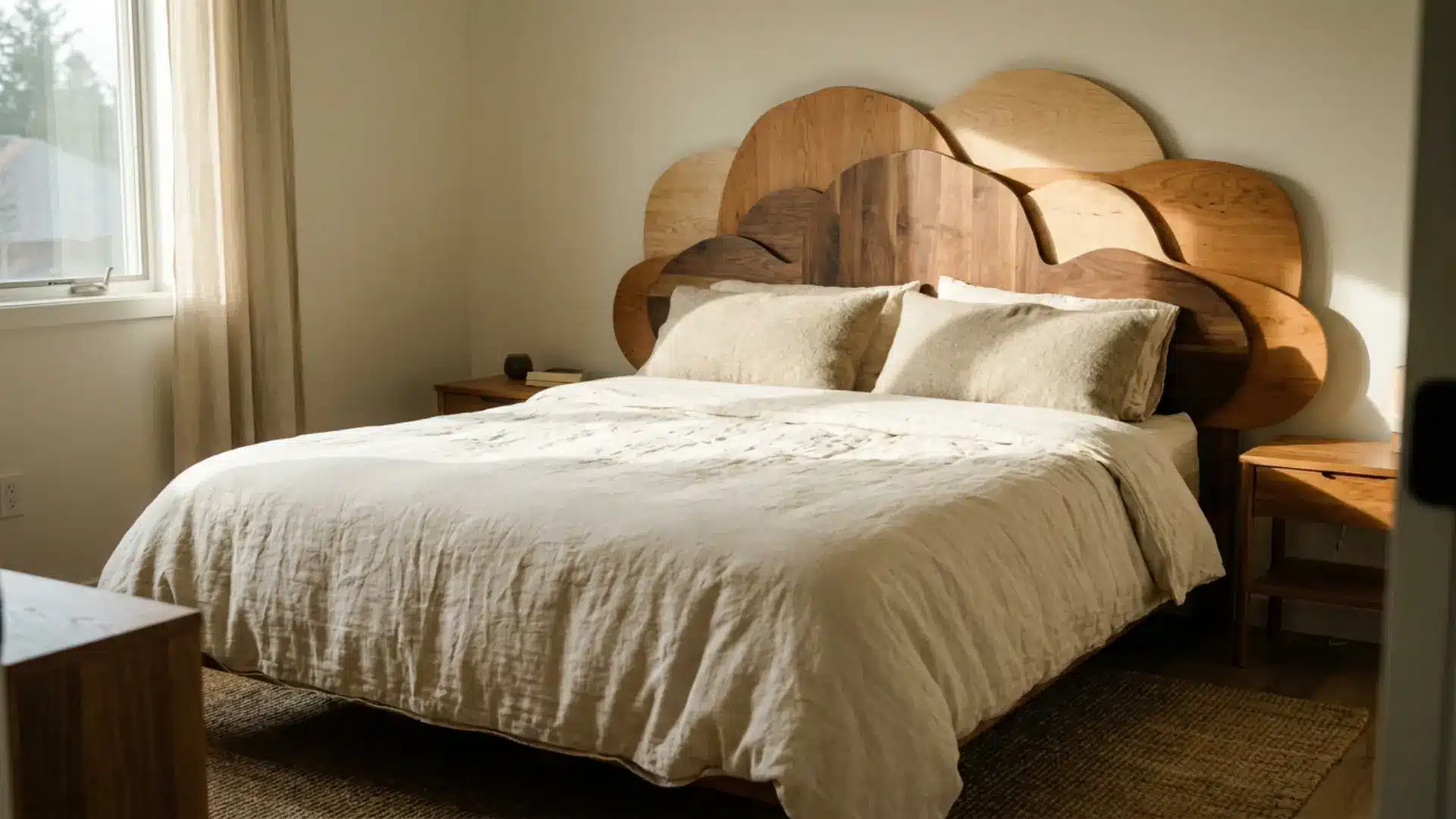 sculptural 3d headboard with layered wood cutouts behind a bed