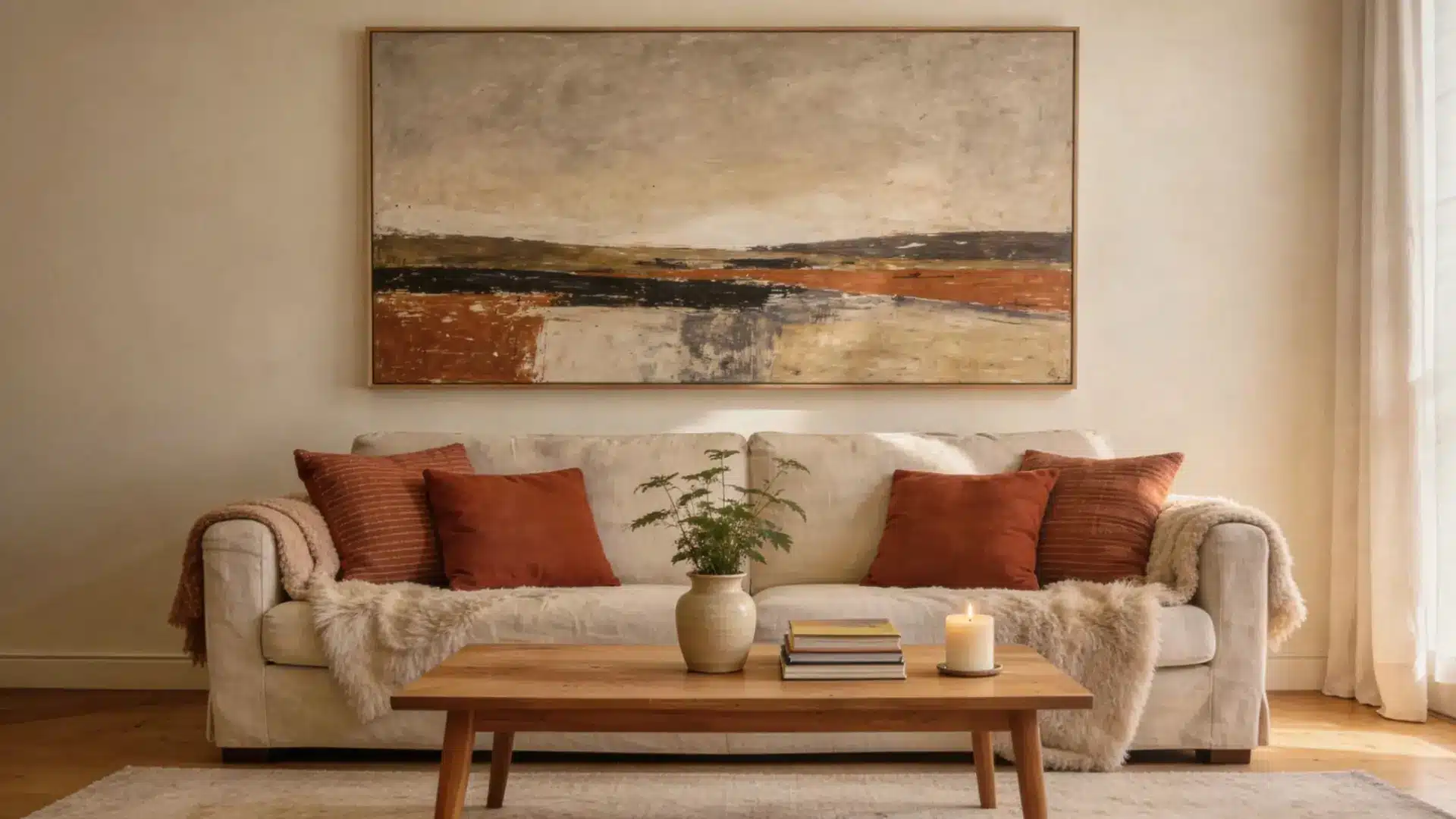 calm neutral living room with linen sofa textured cushions natural rug and large artwork as a clear focal point