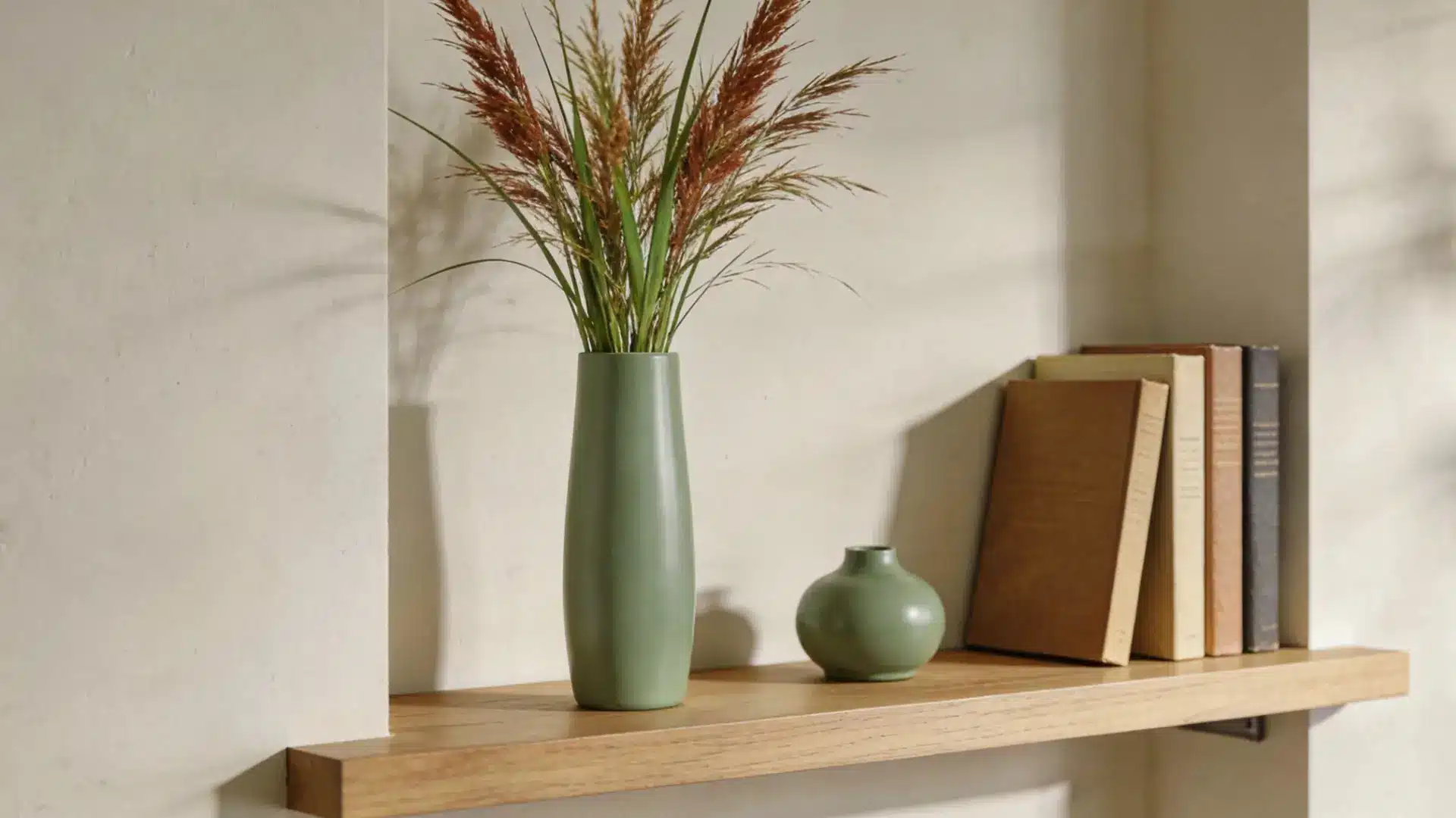 close up of a beautifully styled floating shelf with ceramic vase books and decorative objects arranged using the rule of three