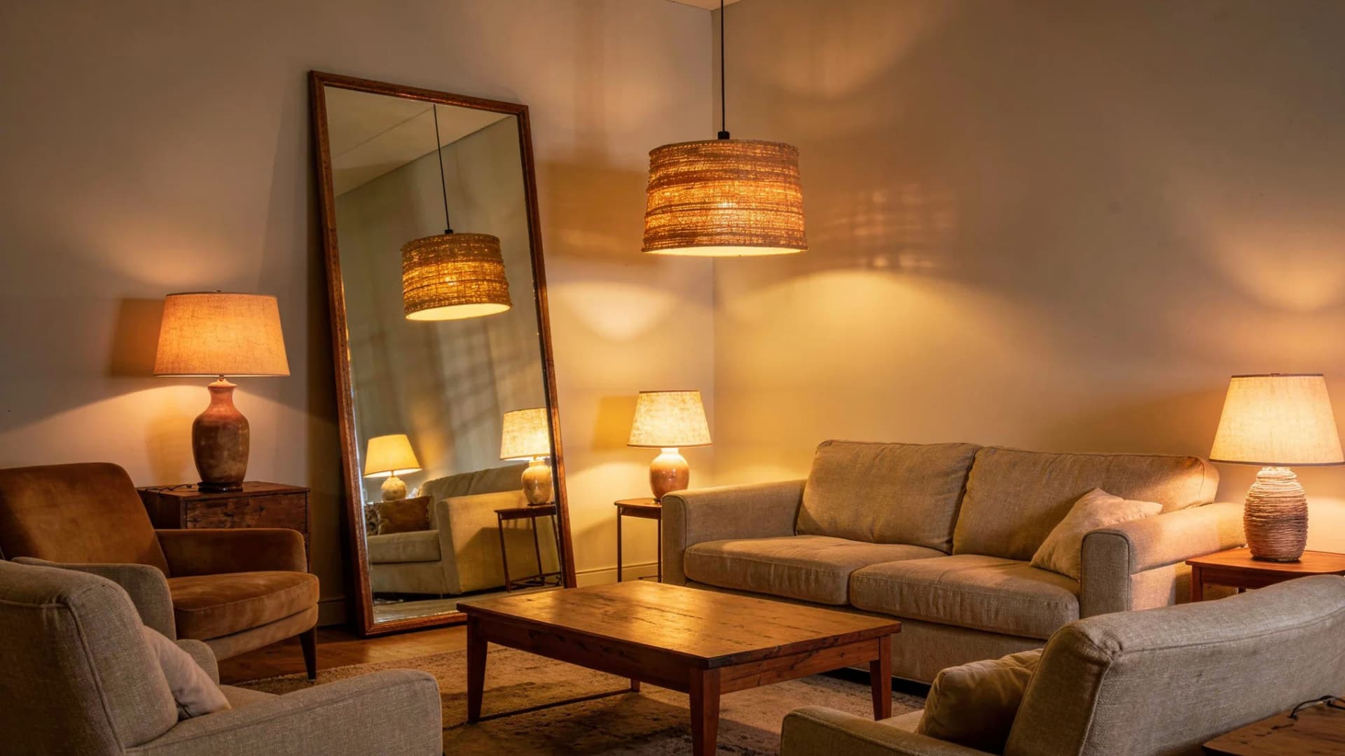 cozy living room in the evening showing three layers of lighting with a floor lamp table lamp and ceiling pendant