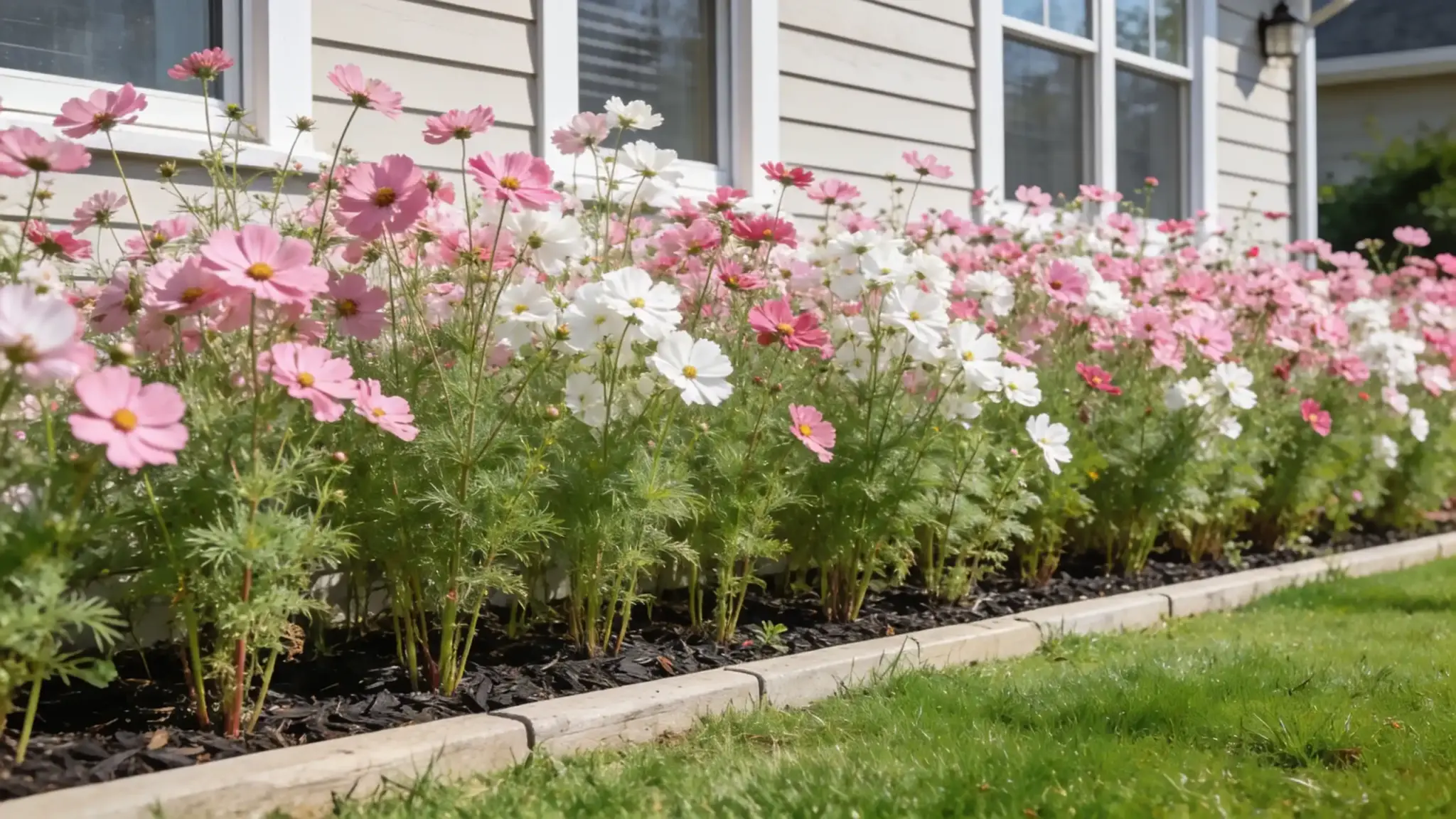 abundant self seeding cosmos garden in pink and white with clean defined edging and dark mulch