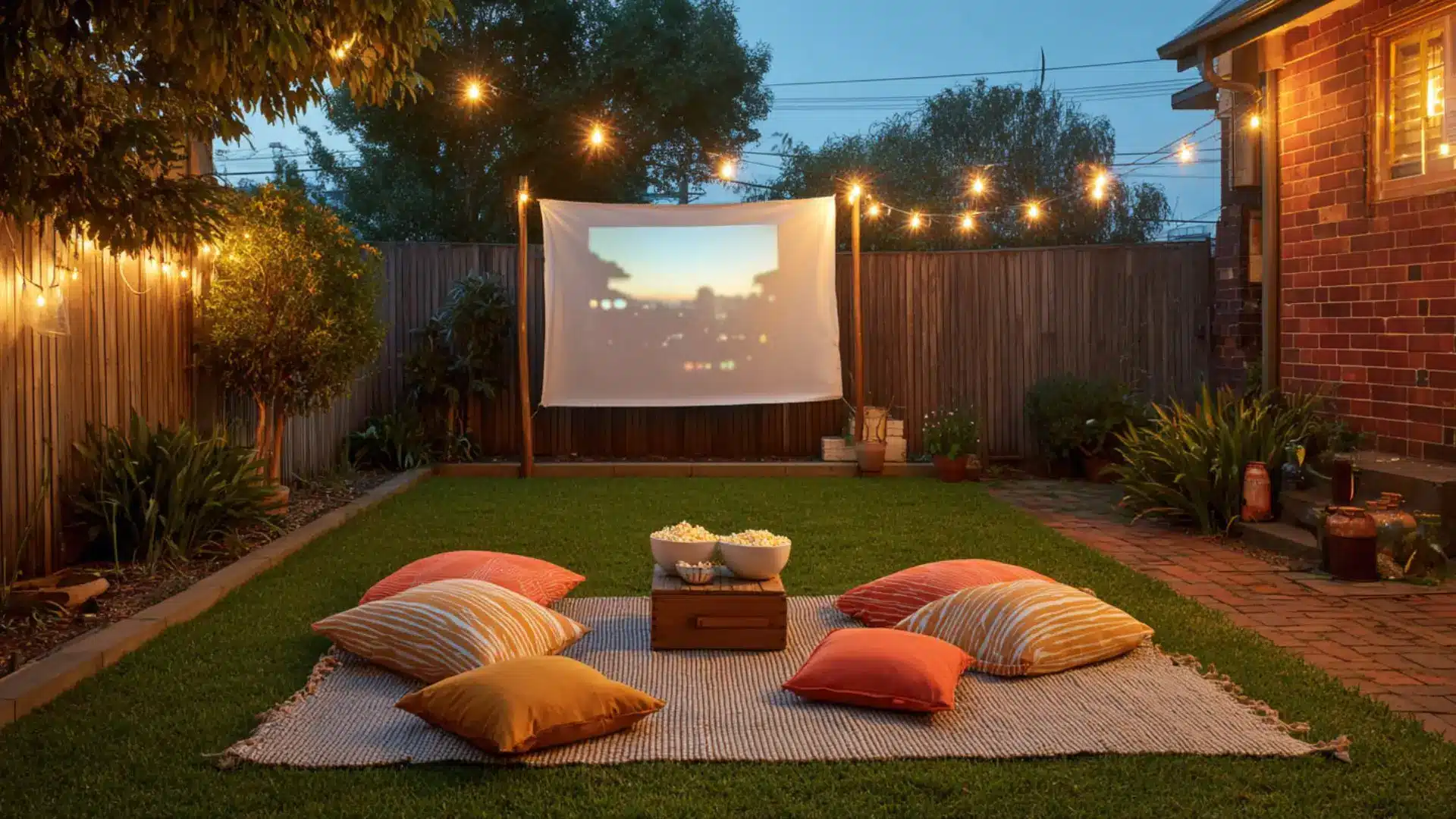  outdoor backyard with a projector screen on the lawn, perfect for enjoying films under the stars