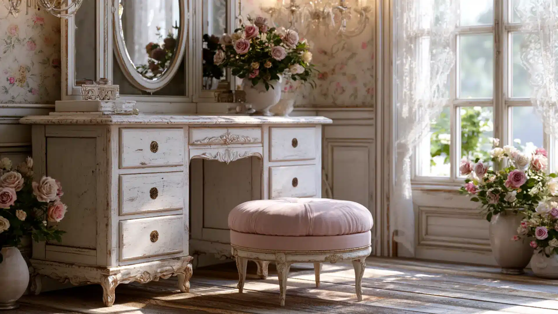 shabby chic vanity with distressed white finish pink tufted stool oval mirror and rose bouquets on floral wallpaper