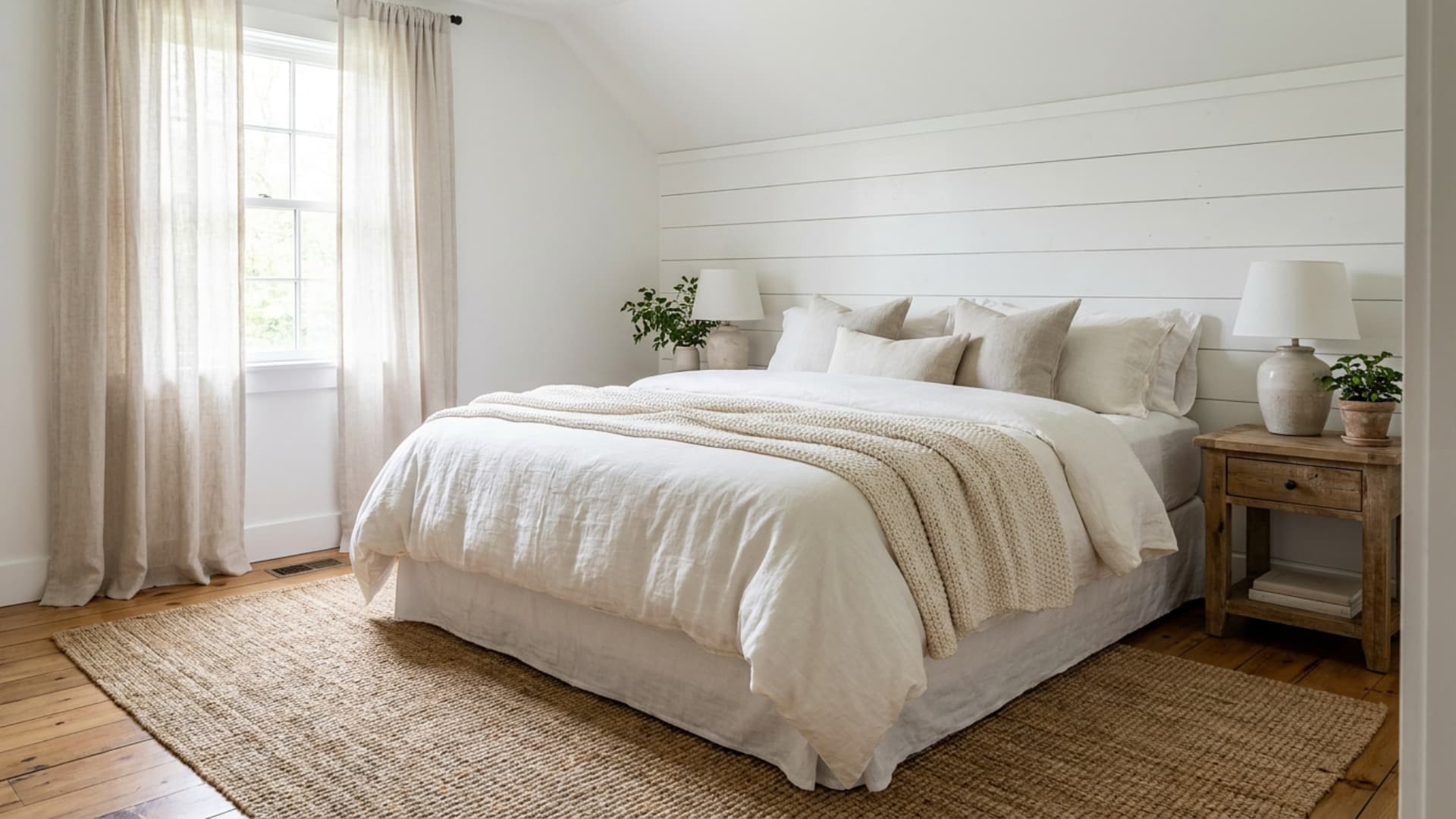 shiplap panel headboard in white boards behind a cottage bed