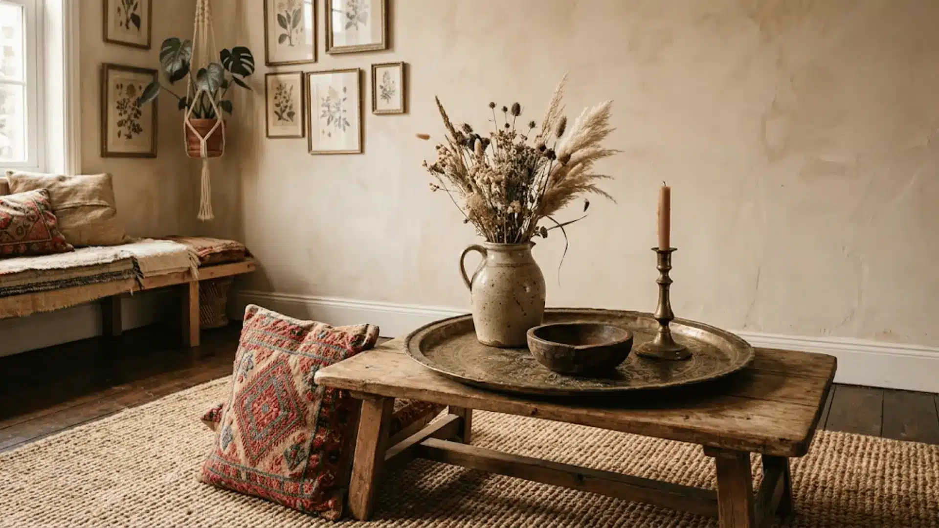 boho vignette of flea market finds including brass tray, embroidered cushion, and carved wood bowl
