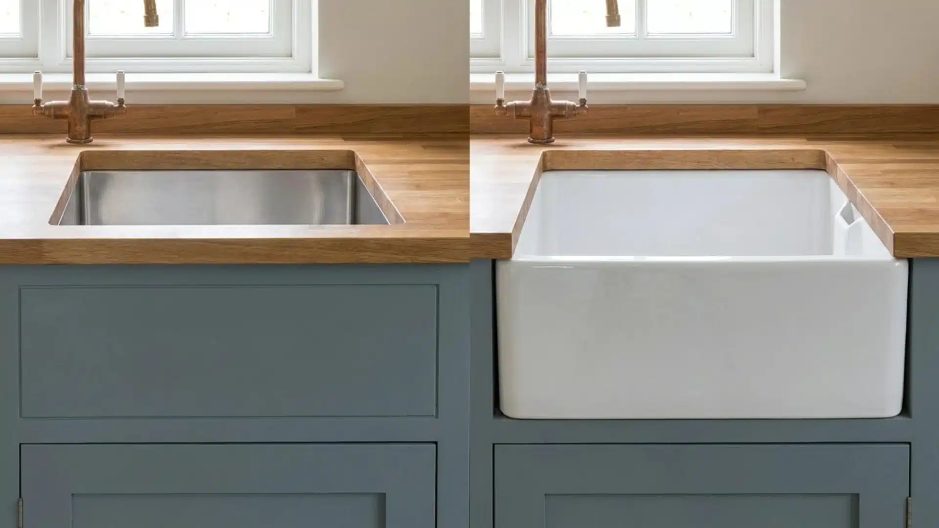 before and after kitchen counter showing small stainless steel undermount sink replaced with a large white farmhouse sink