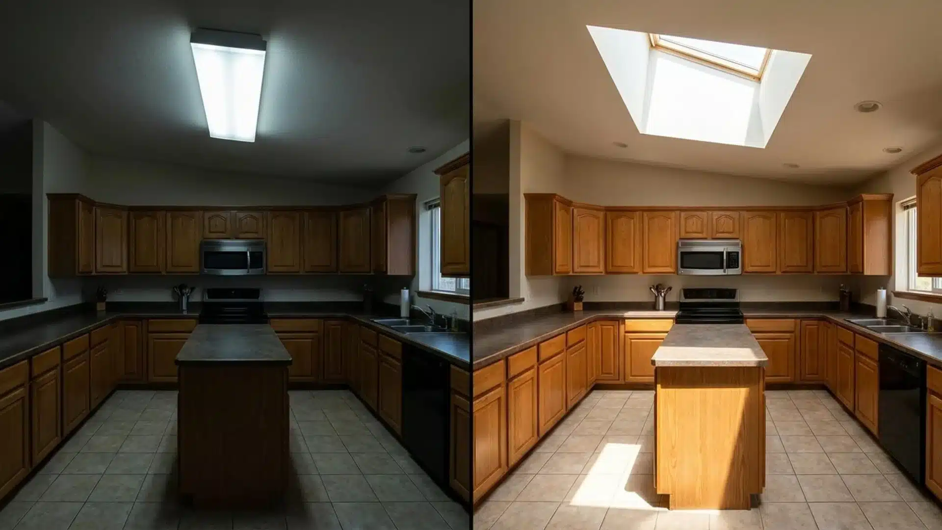 before and after kitchen showing a dim fluorescent light replaced with a large skylight flooding the room with natural lightbefore and after kitchen showing a dim fluorescent light replaced with a large skylight flooding the room with natural light