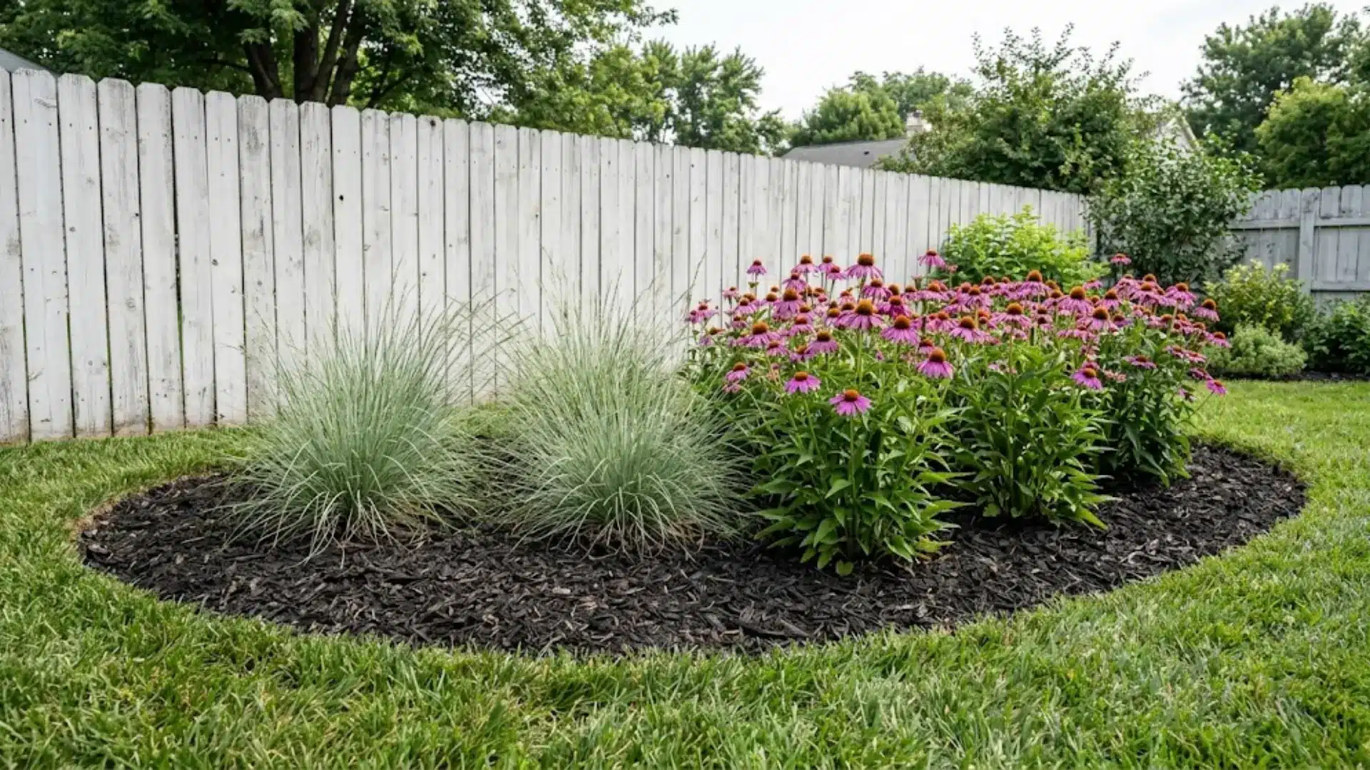 compact kidney-shaped rain garden with ornamental grass and coneflower beside a weathered wood fence