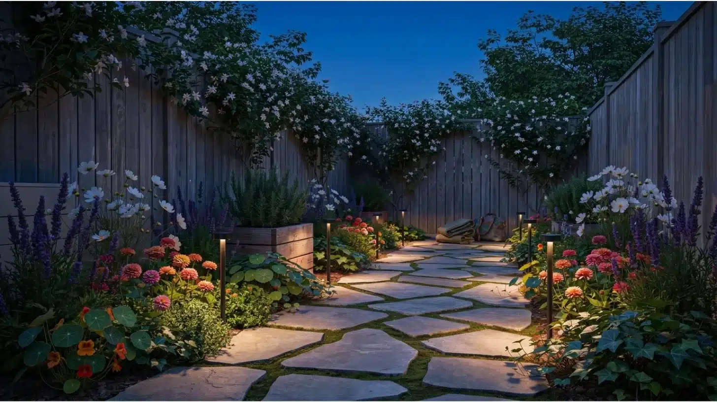 very small backyard with solar lights and stepping
