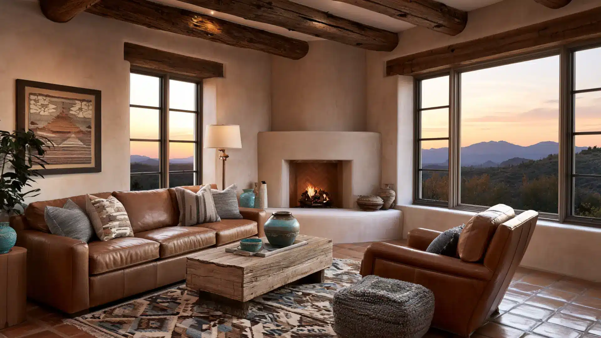 southwestern living room with leather sofa adobe kiva fireplace kilim rug turquoise pottery and exposed wood beams