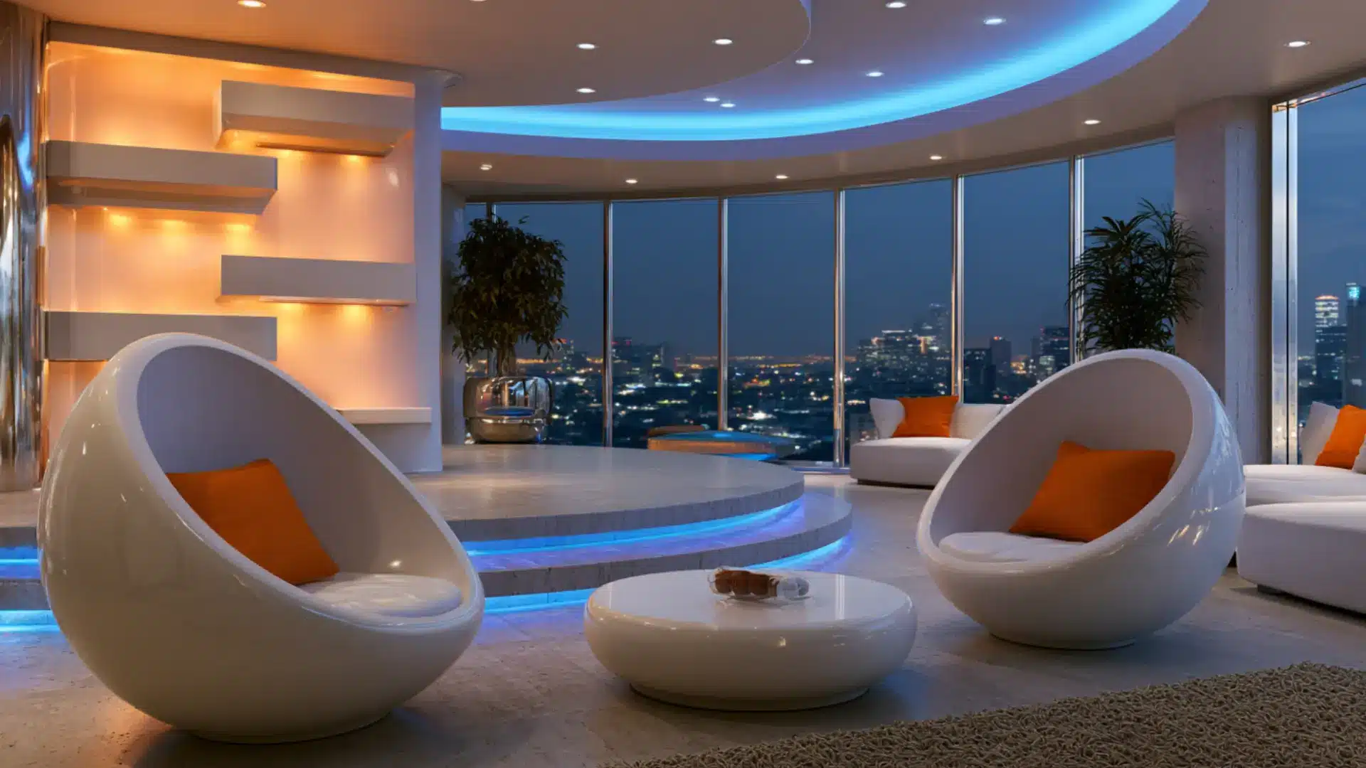 space age living room with pod chairs blue led lighting curved ceiling and orange accent cushions