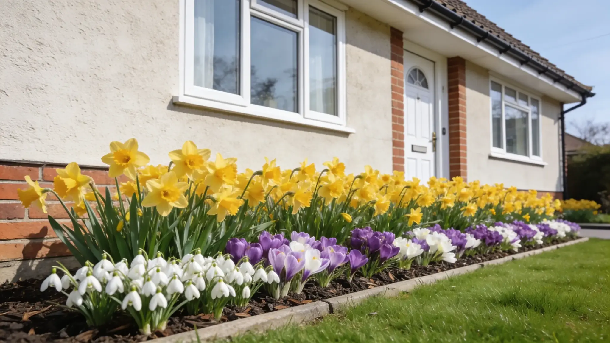 spring bulb succession bed with snowdrops crocus and daffodils interplanted along a home foundation