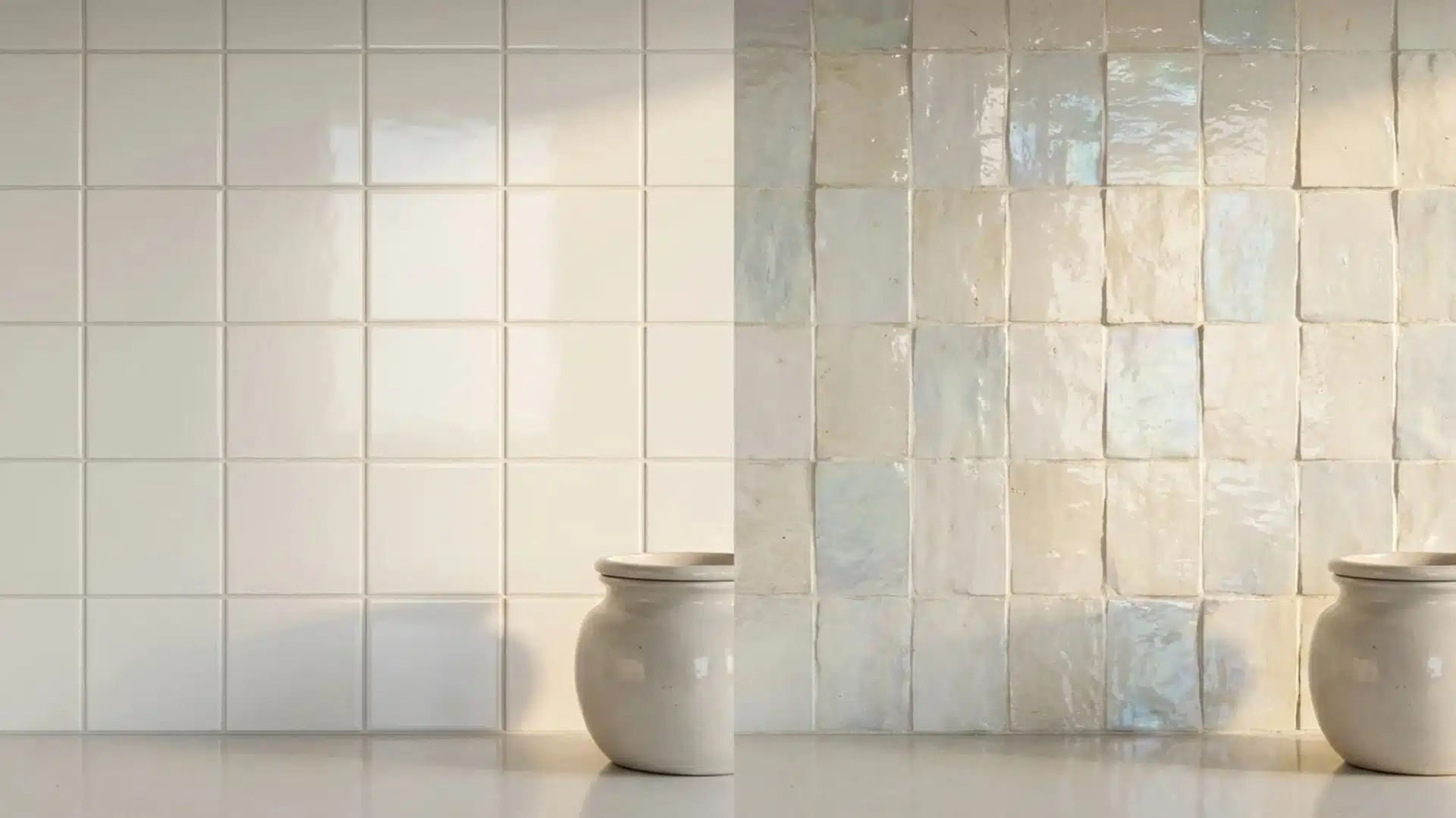 before and after kitchen backsplash showing flat white square tile replaced with glossy zellige tile