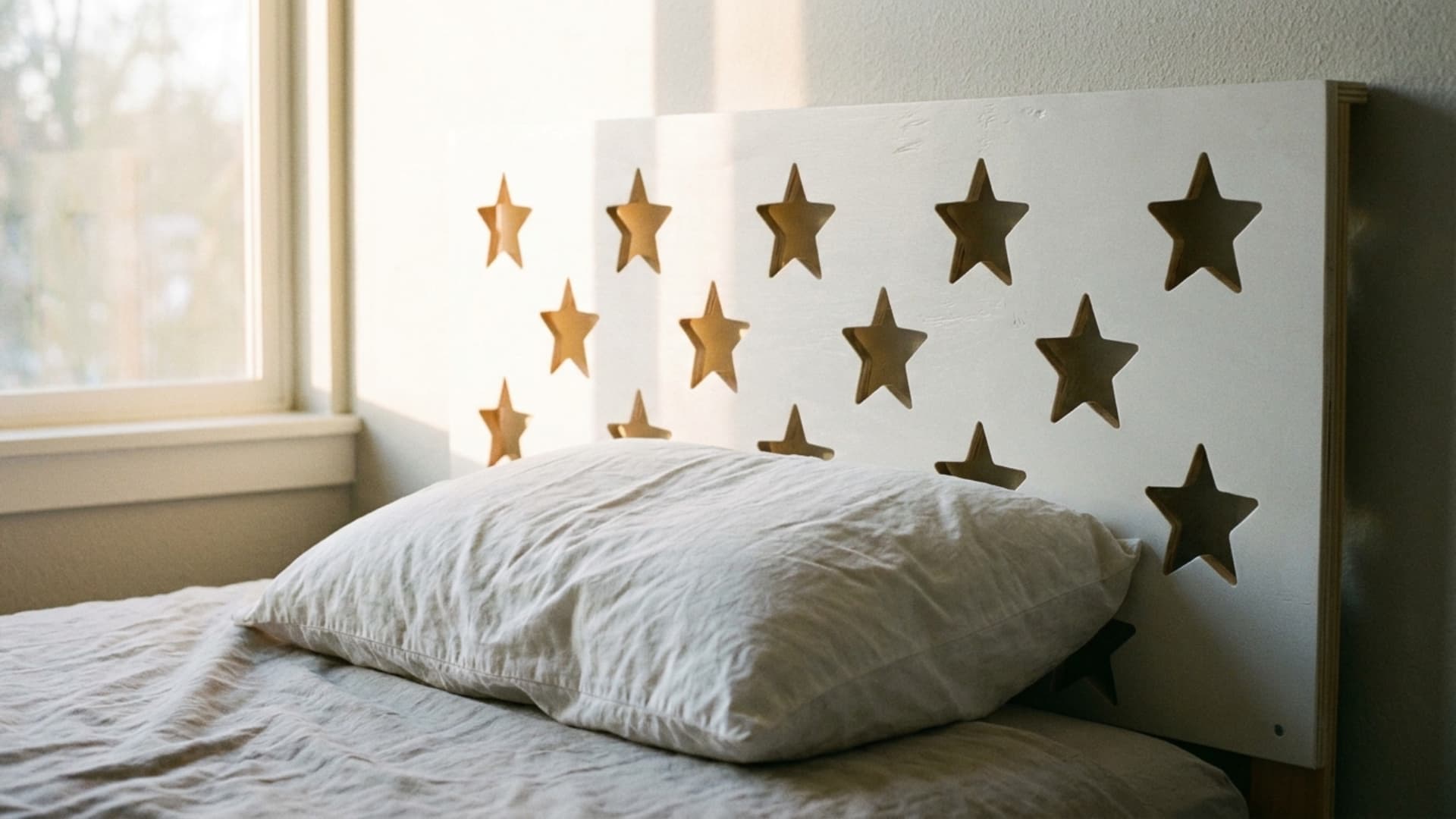 star cutout headboard with glowing cutouts in a kids bedroom