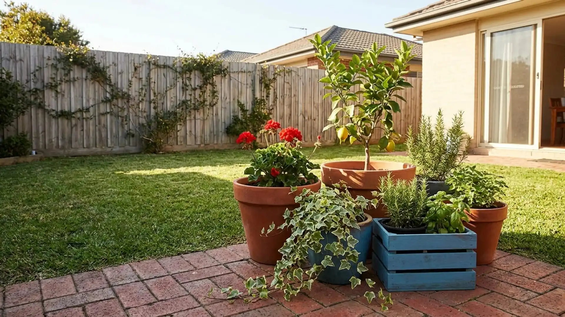 a backyard scene featuring potted plants arranged neatly beside a wooden fence under clear blue skies.