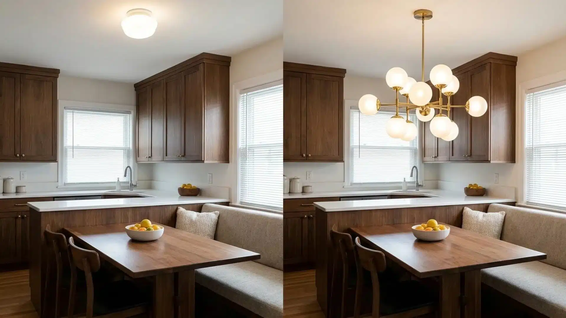 before and after kitchen breakfast nook with a plain flush light upgraded to a brass globe chandelier