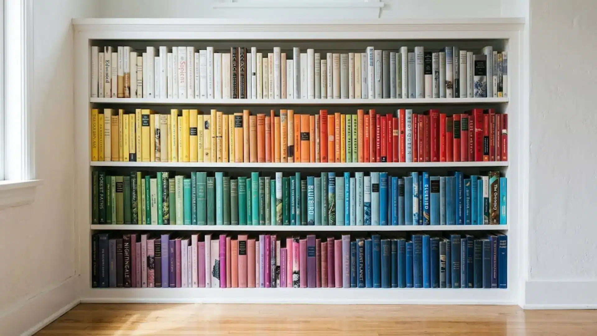 color sorted books filling white built in shelves in sunlit room