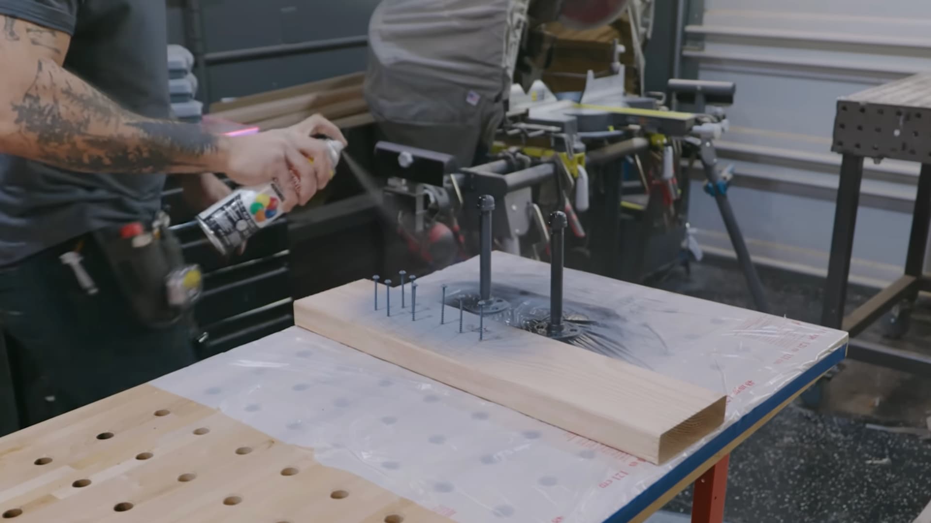 gluing and clamping a wood floating shelf box before staining