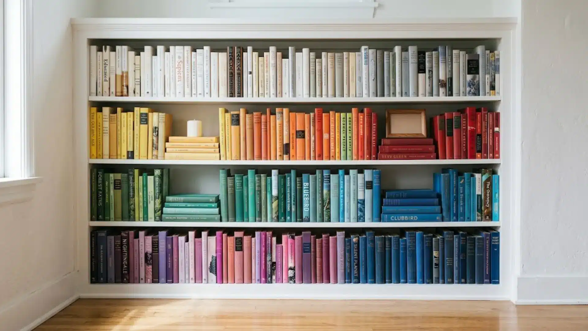 bookshelf with some books stacked flat and others upright