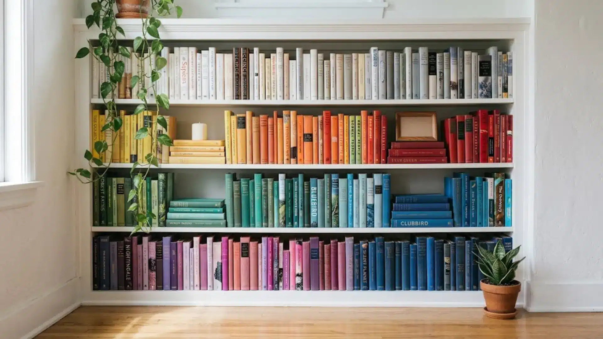 trailing pothos and snake plant added to color sorted bookshelf