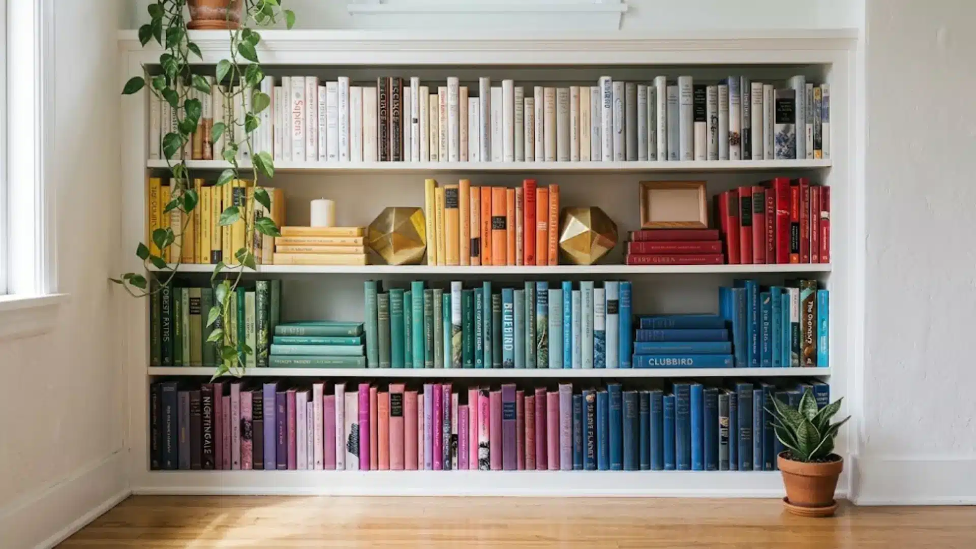 brass geometric bookends added beside upright books on shelf