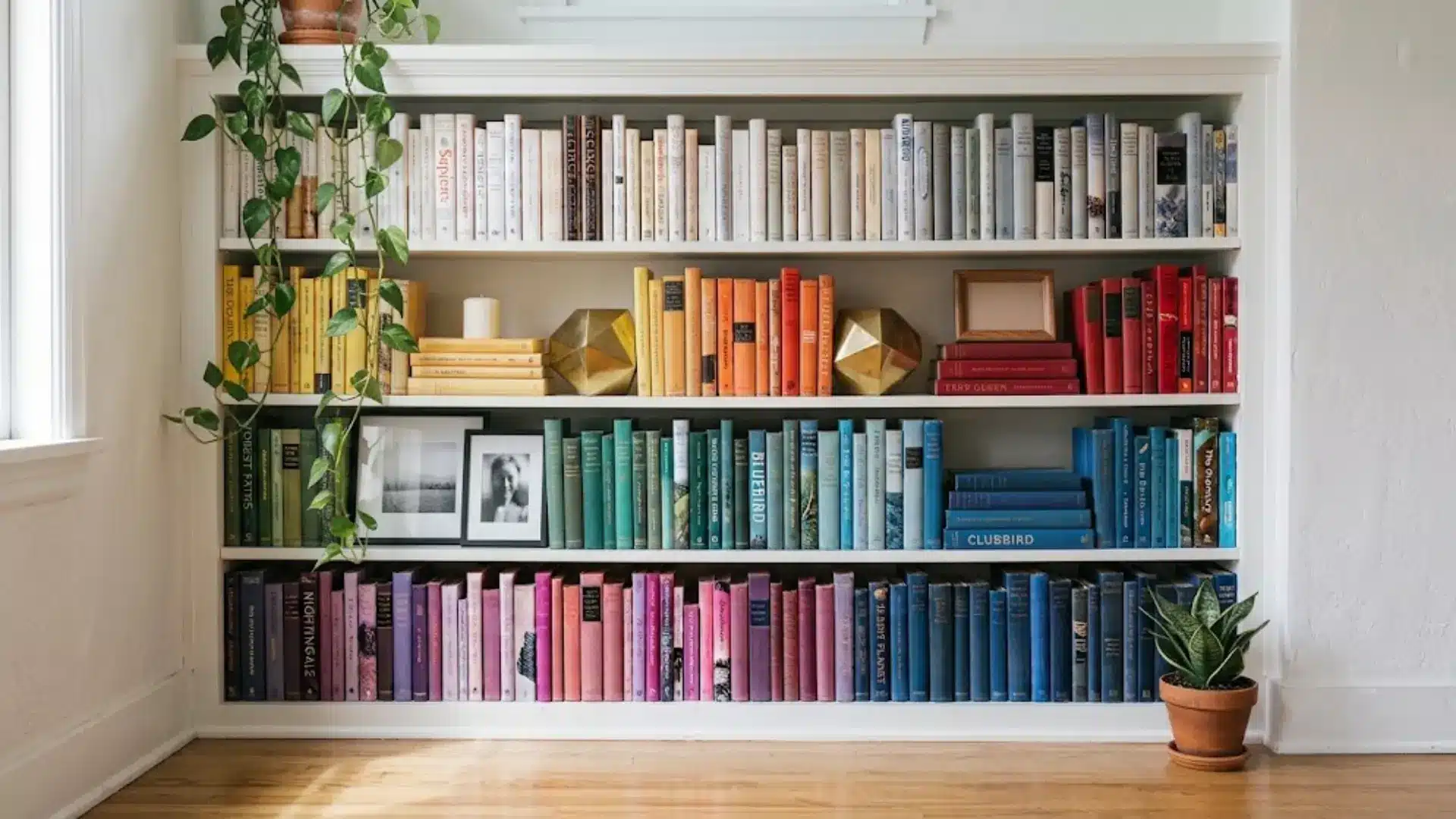 black framed photos leaning behind books on styled shelf