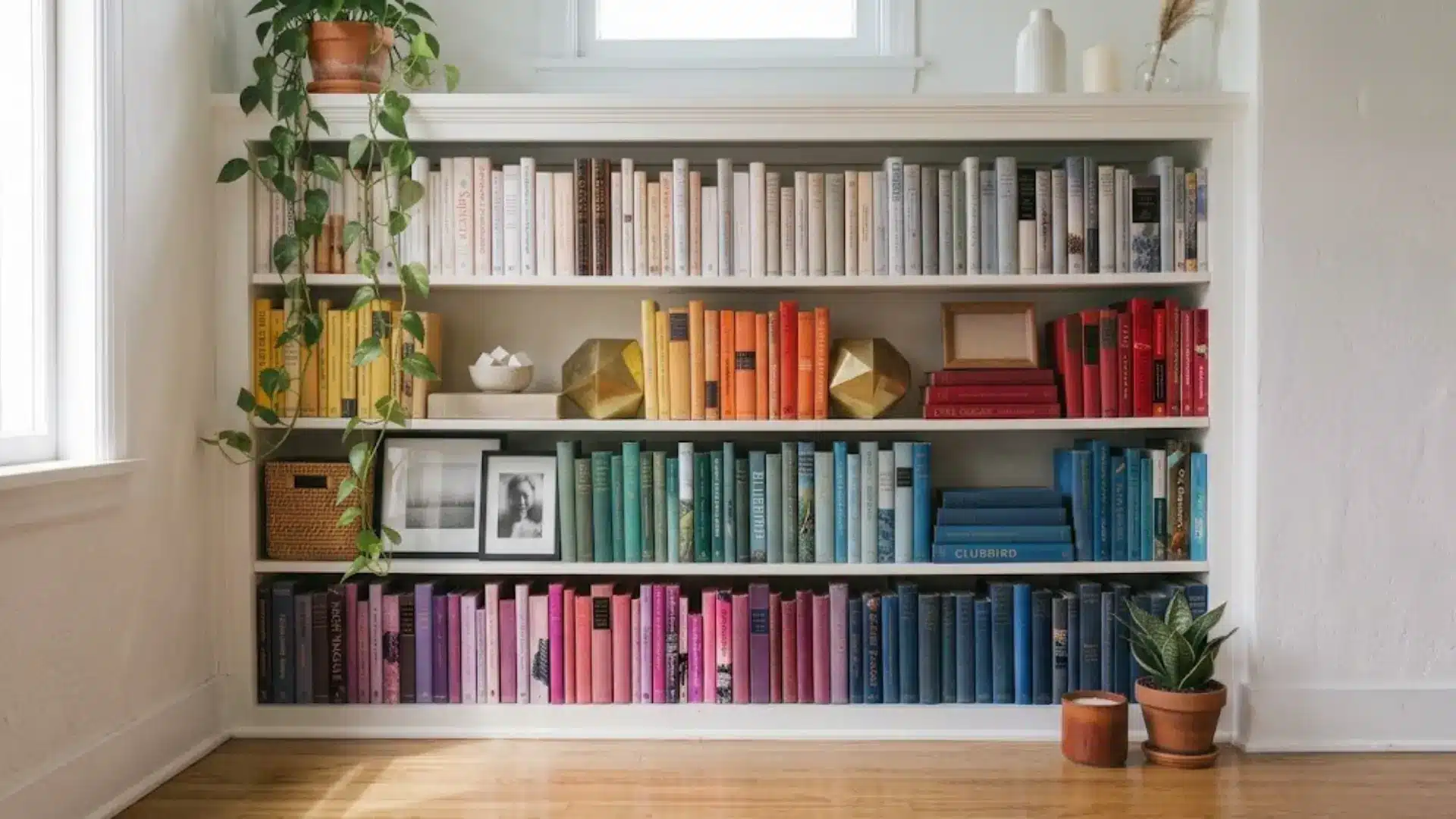 rust colored accent candle placed on bottom shelf near plant