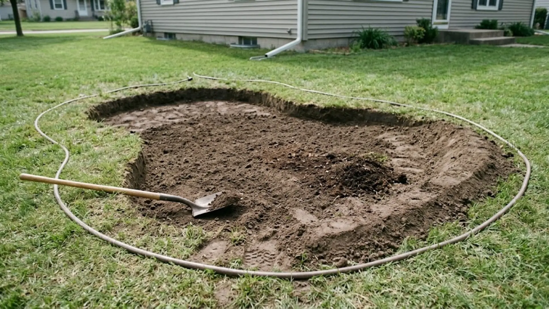 freshly excavated rain garden basin with amended soil, earthen berm, and garden hose layout marker