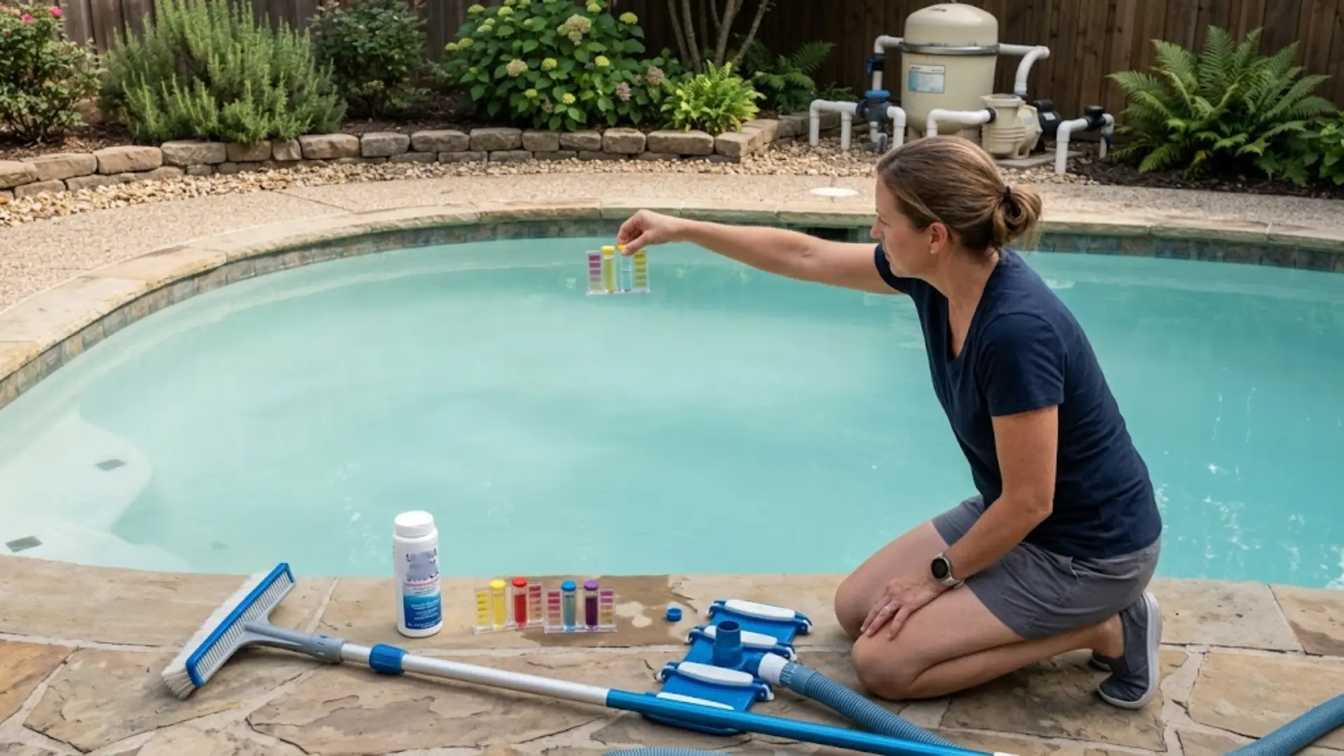 person testing cloudy pool water with a liquid test kit while pool cleaning tools rest on the deck nearby