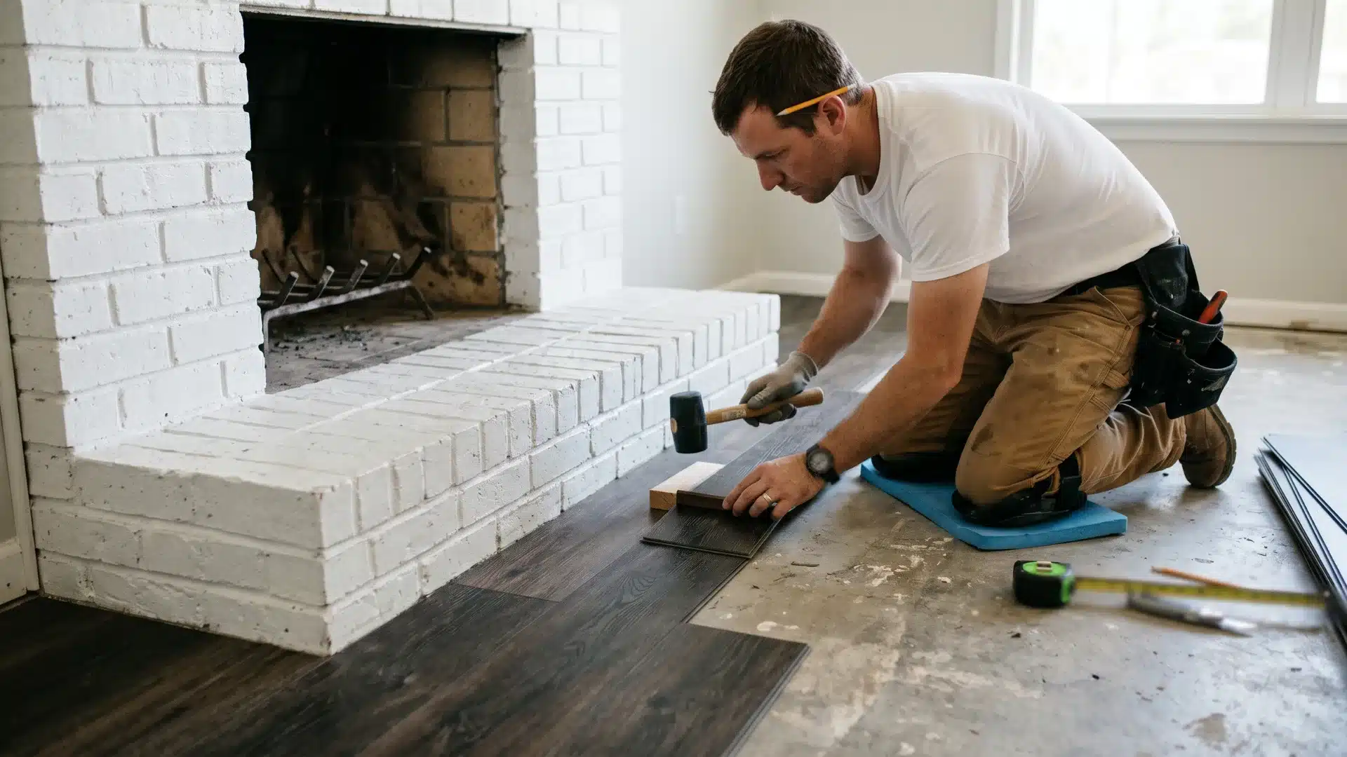 a man repairs a fireplace in a cozy home, focused on his task with tools and materials nearby
