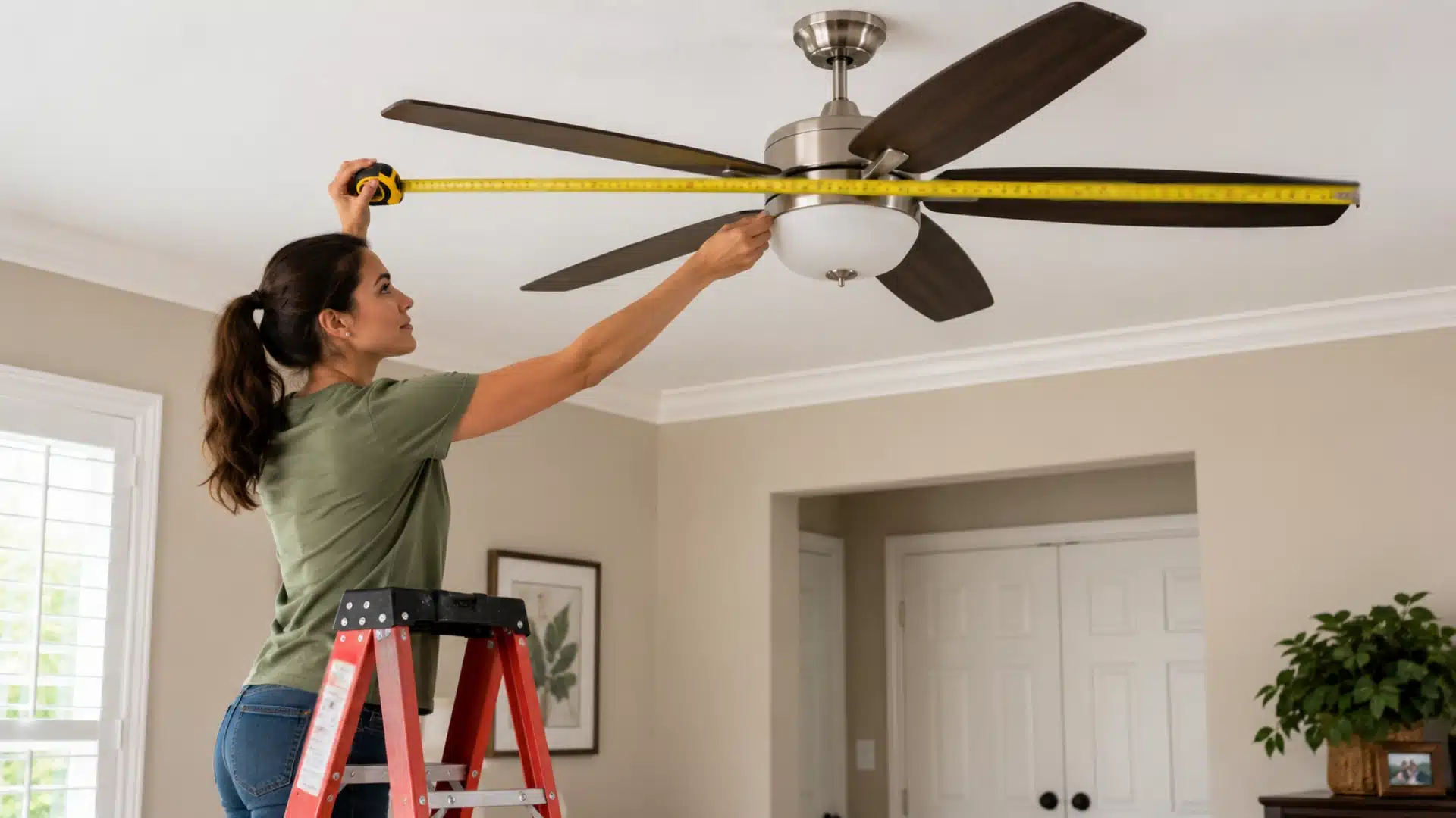 woman on a ladder measures a ceiling fan with a yellow tape measure