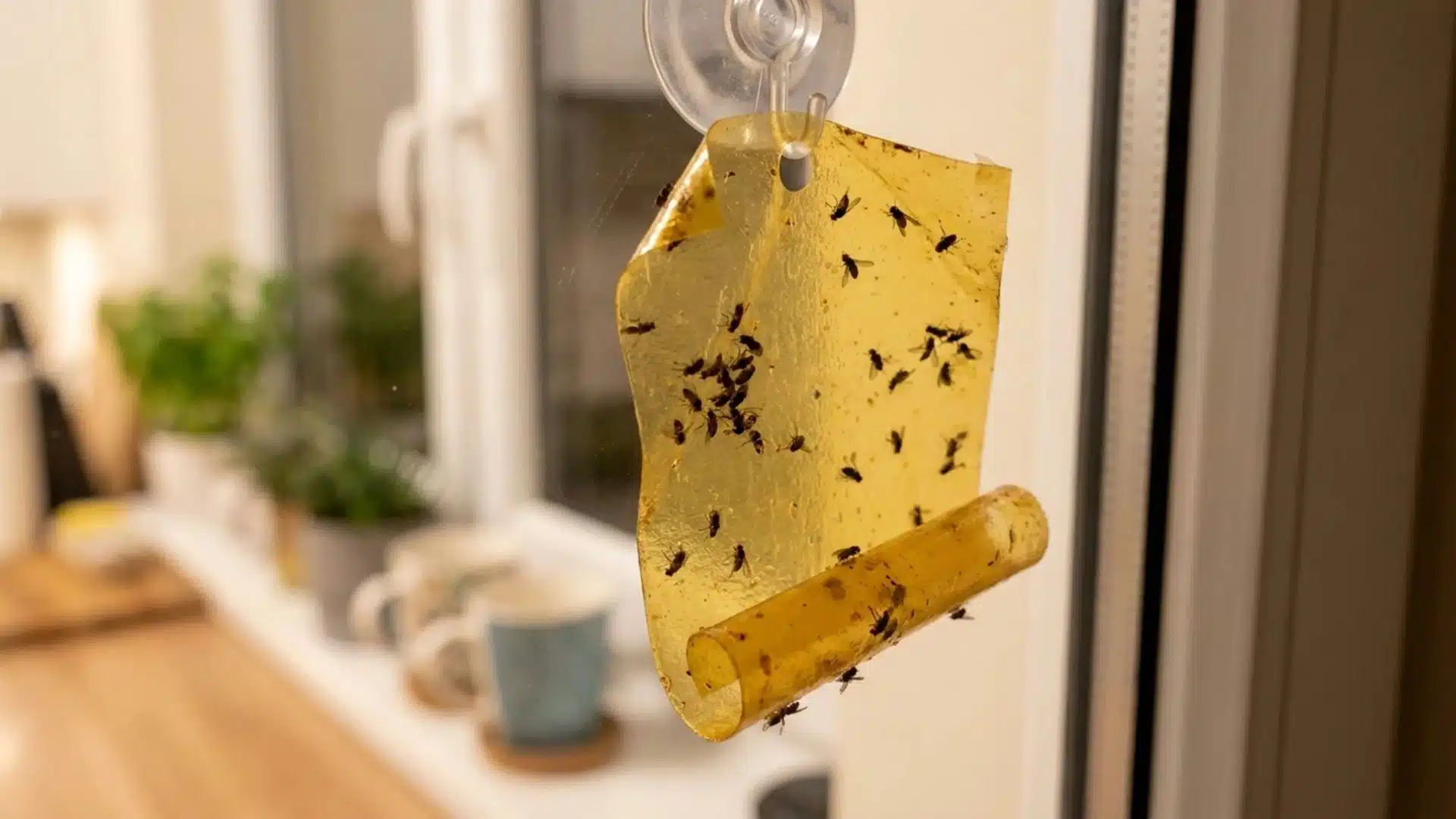 a yellow sticky note is attached to a window, fluttering slightly in the breeze, with sunlight illuminating its surface