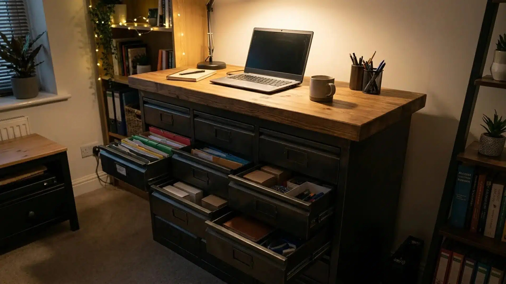 a wooden desk with a silver laptop open on top, surrounded by stationery and a small potted plant