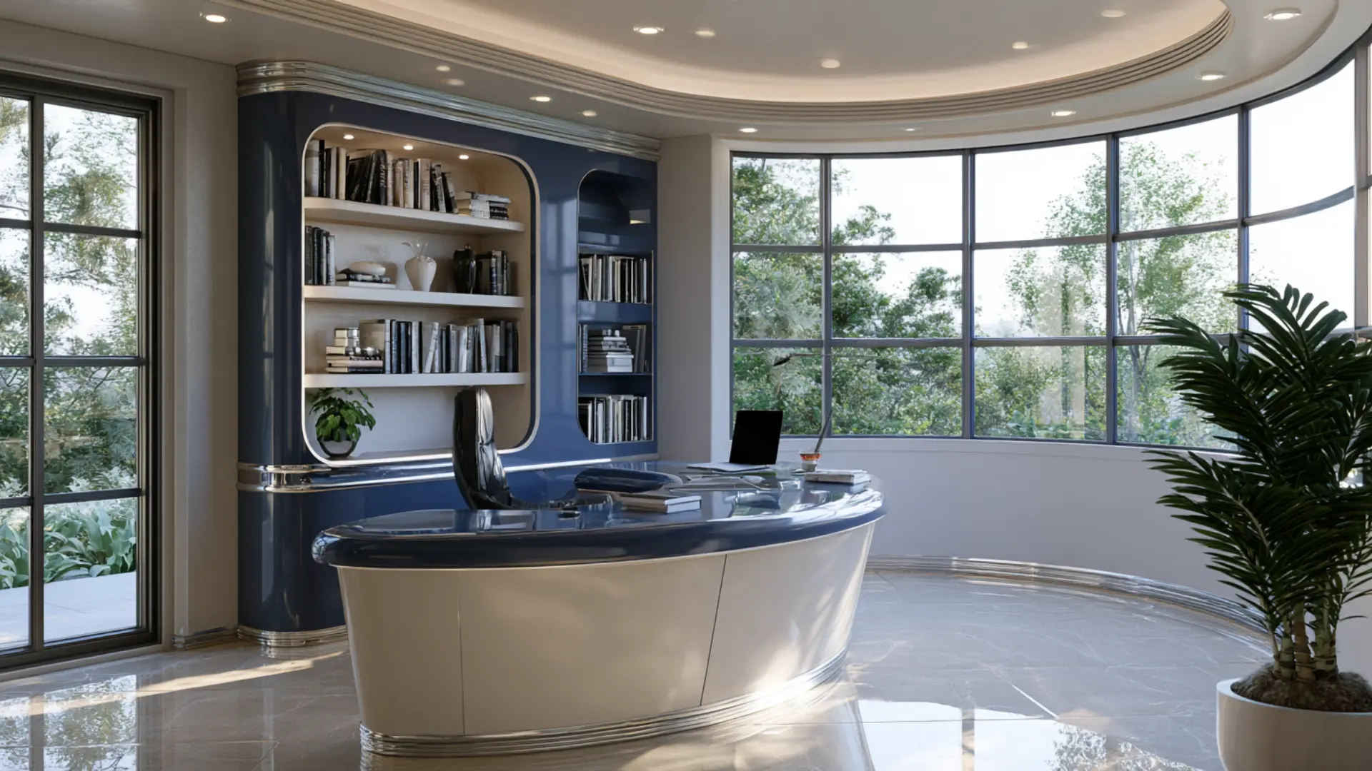 streamline moderne office with curved navy desk chrome trim rounded built-in bookshelf and wraparound windows