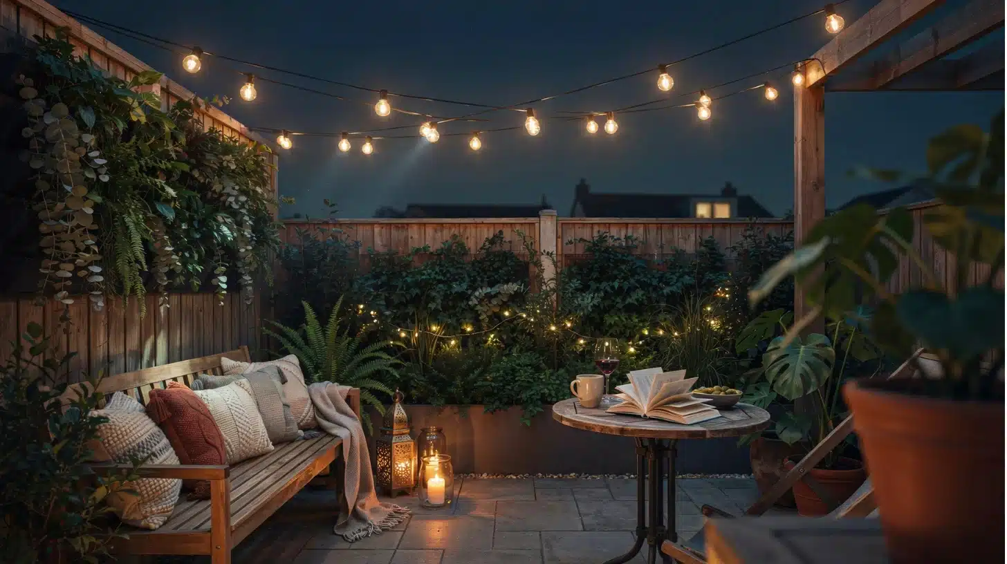 very small backyard with string lights and cozy seating area