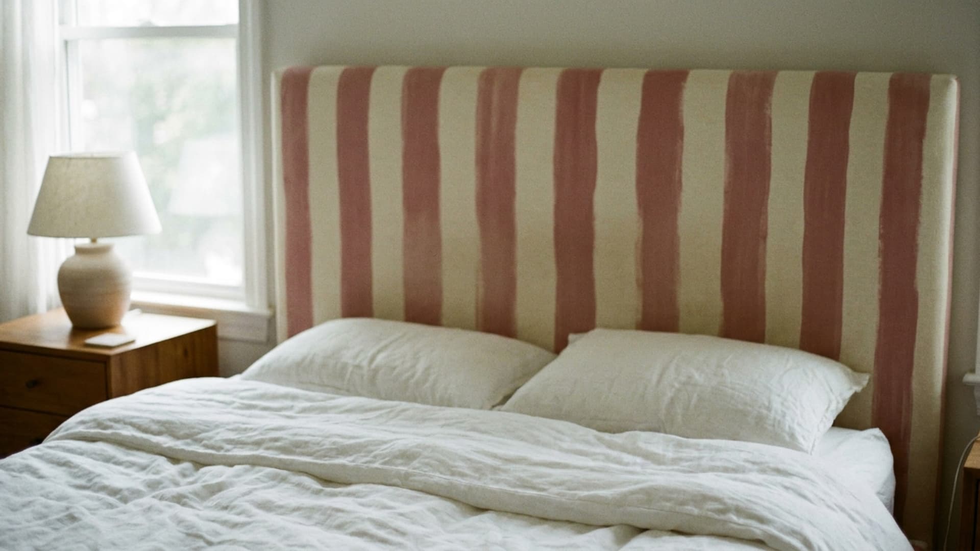 striped pattern headboard in cream and rose behind a bed