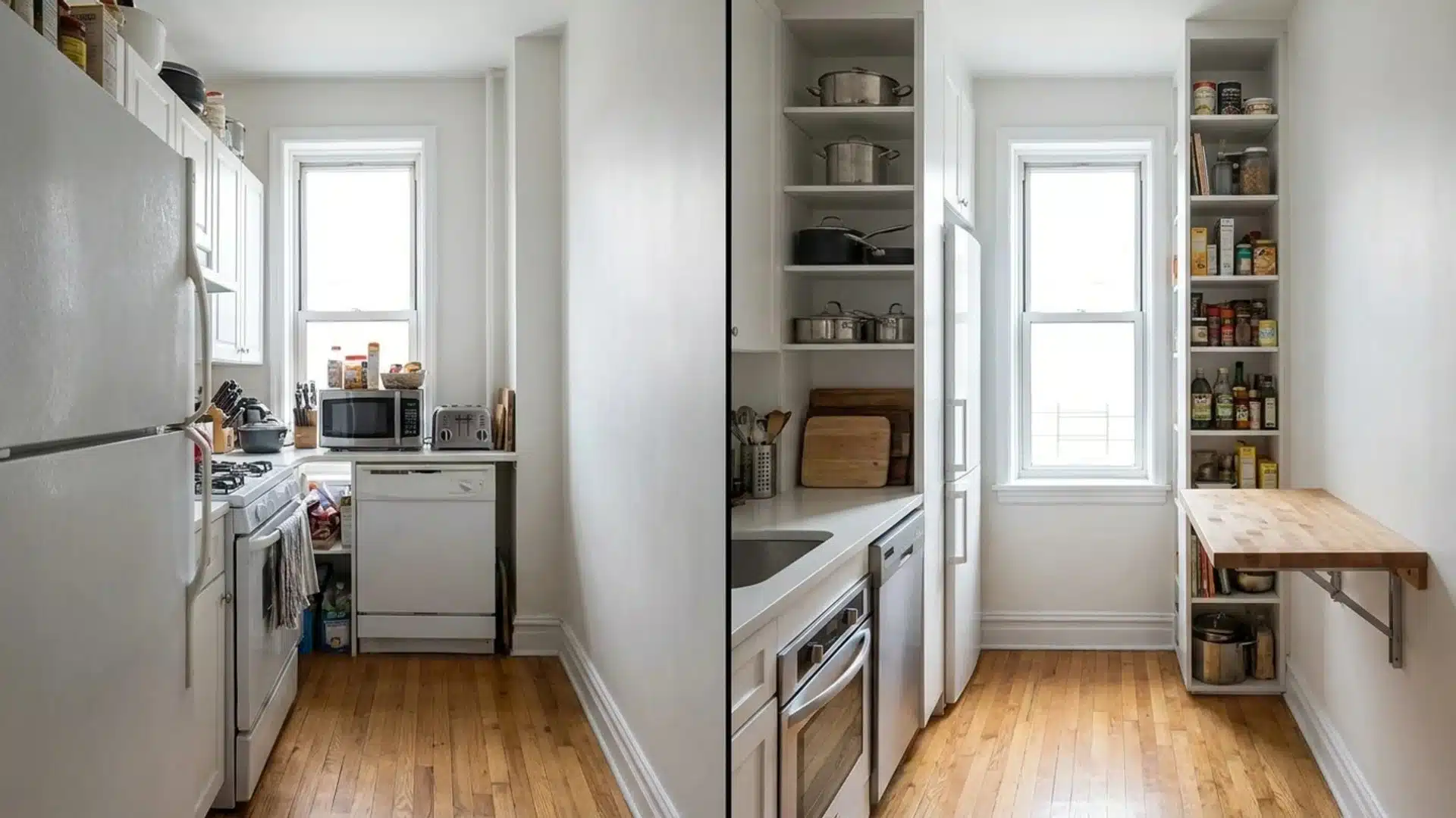before and after small studio kitchen showing dated layout updated with open shelving and built-in pantry storage
