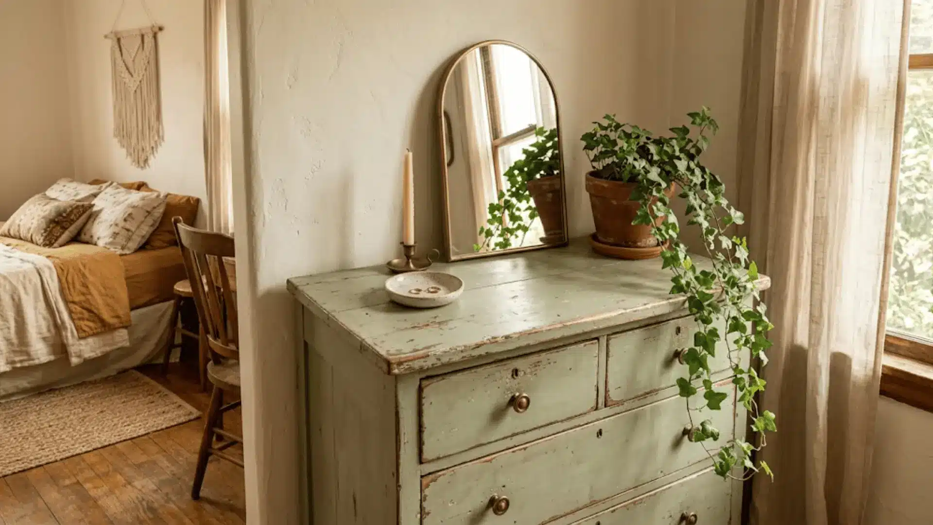 weathered sage green vintage dresser styled with mirror, ceramics, and trailing plant in a boho bedroom
