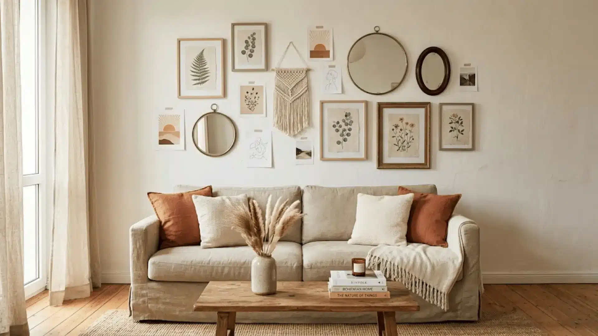 asymmetric boho gallery wall with botanical prints, mirrors, and woven art above a linen sofa