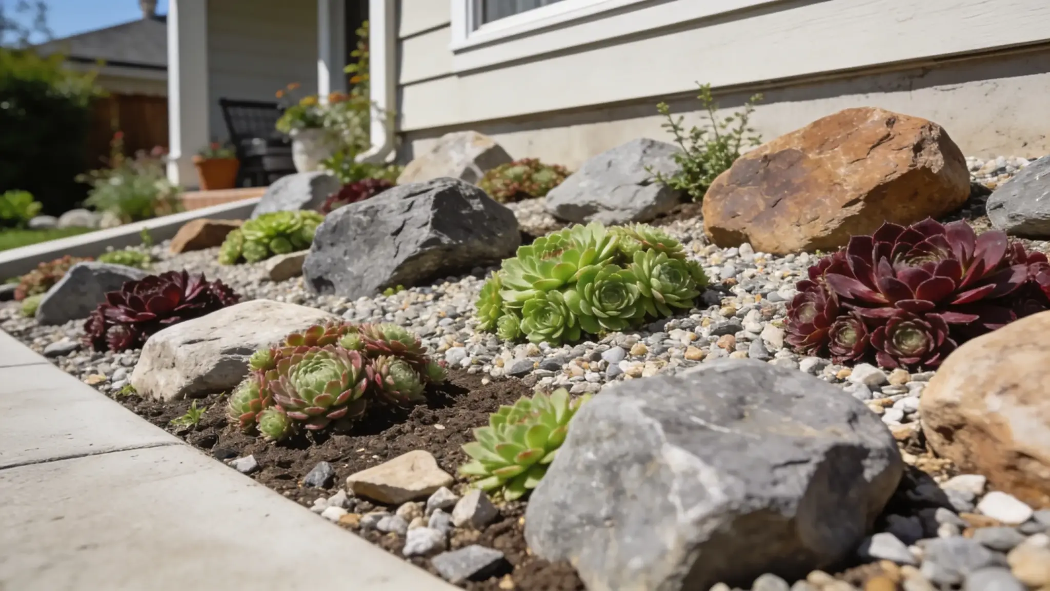 succulent and rock bed with sedum planted between natural grey rocks and fine gravel