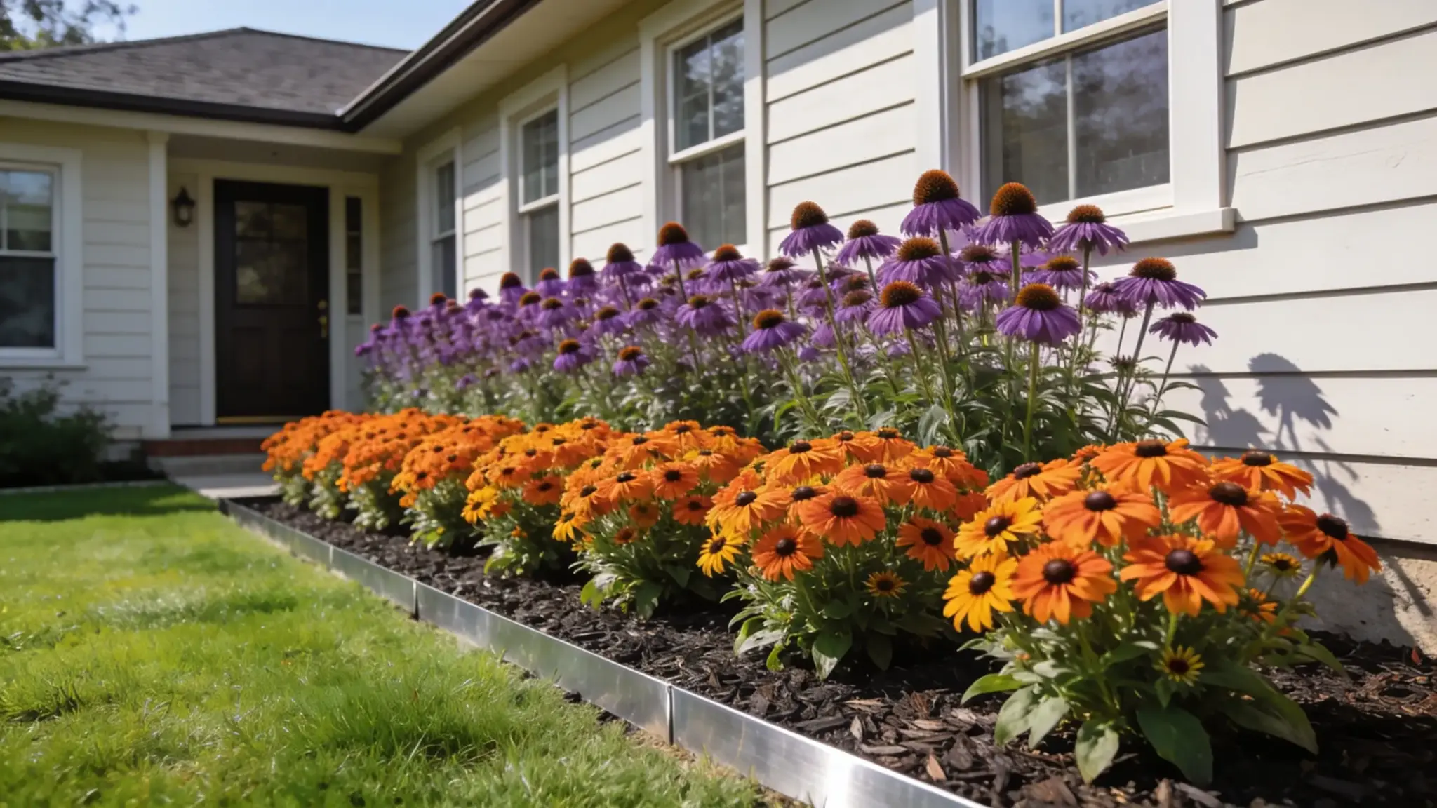 spring bulb succession bed with snowdrops crocus and daffodils interplanted along a home foundation