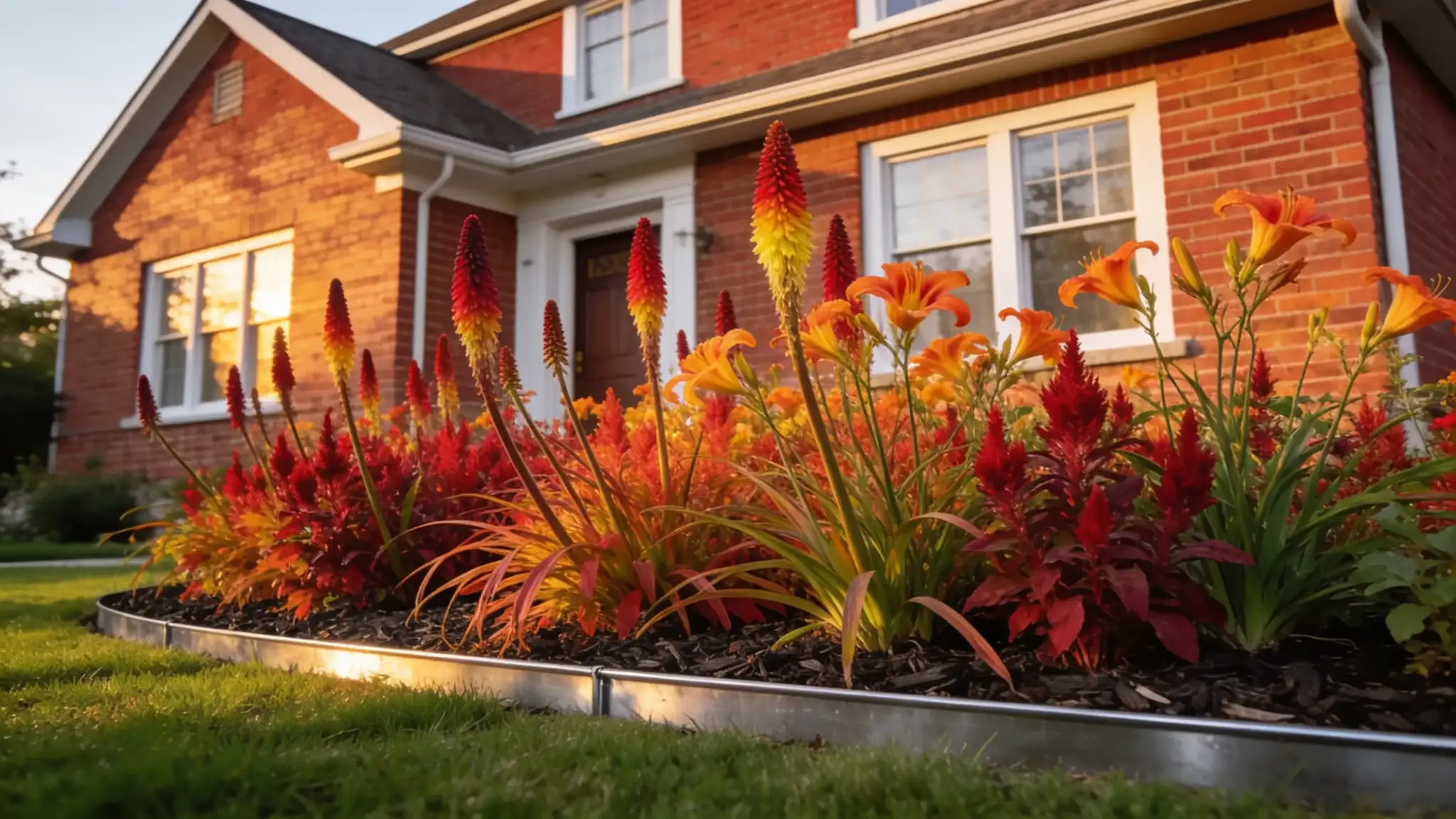 sunset palette border with red hot poker and orange daylily in afternoon light before a brick home