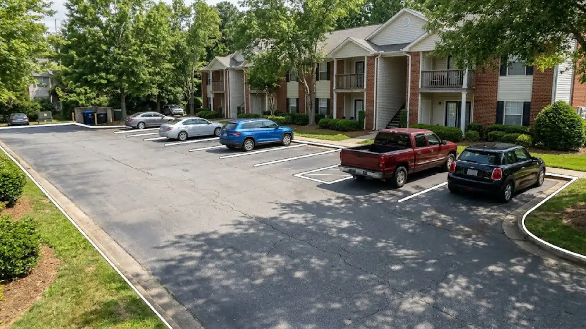 surface parking lot outlined in white adjacent to garden style apartment building