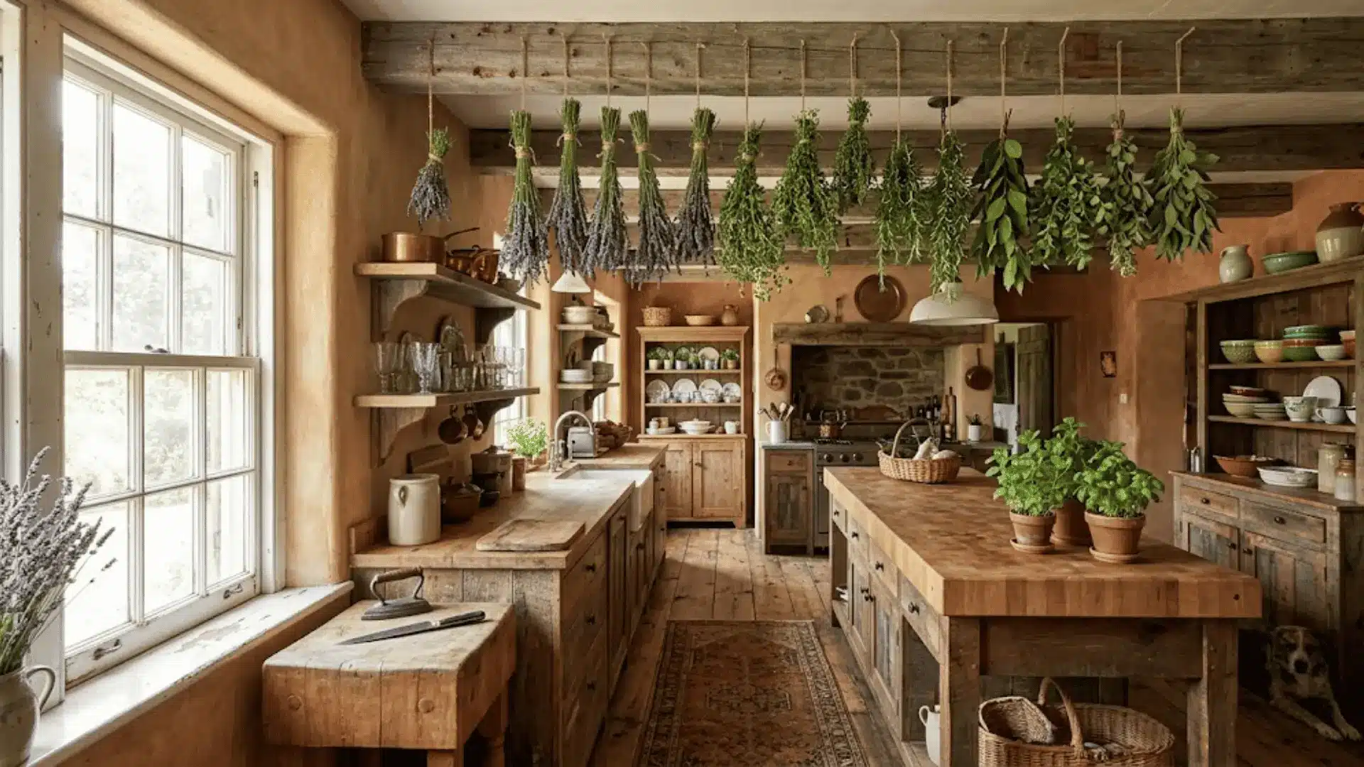 hanging lavender and herbs tied with jute twine in a sunny bohemian kitchen
