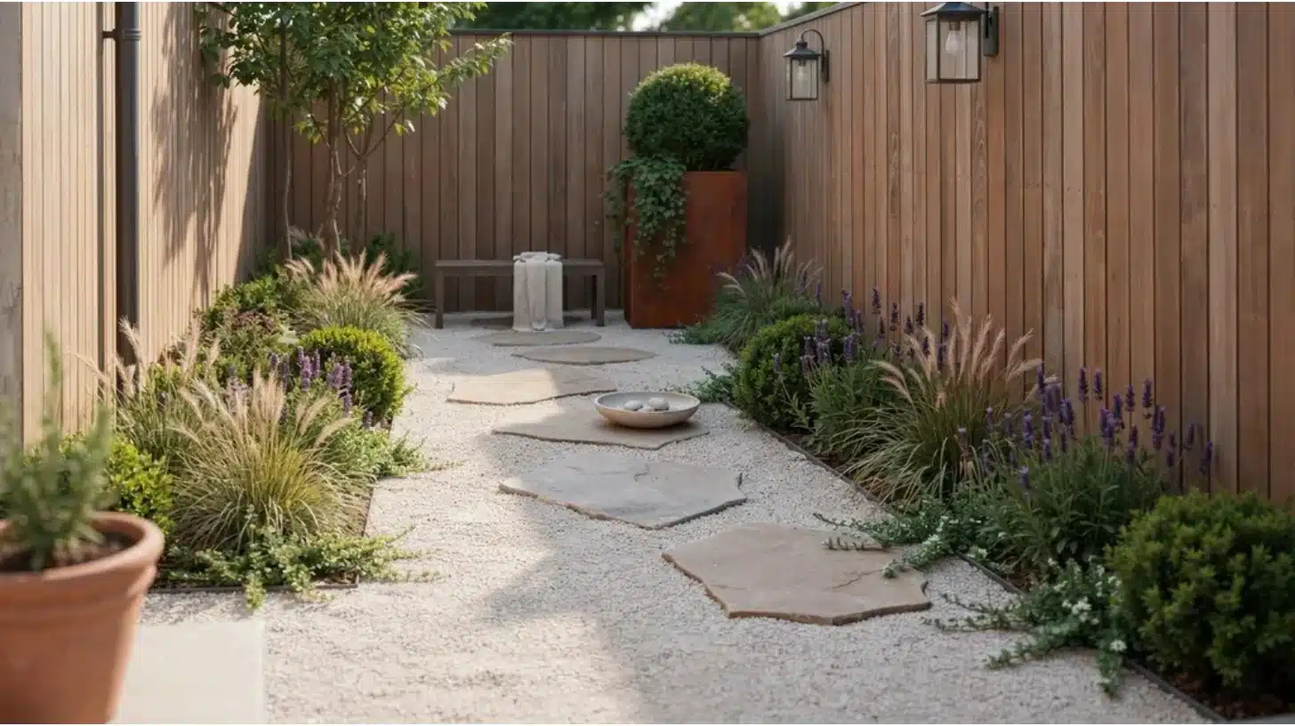 very small backyard with gravel path, stepping stones, lanterns, and plants