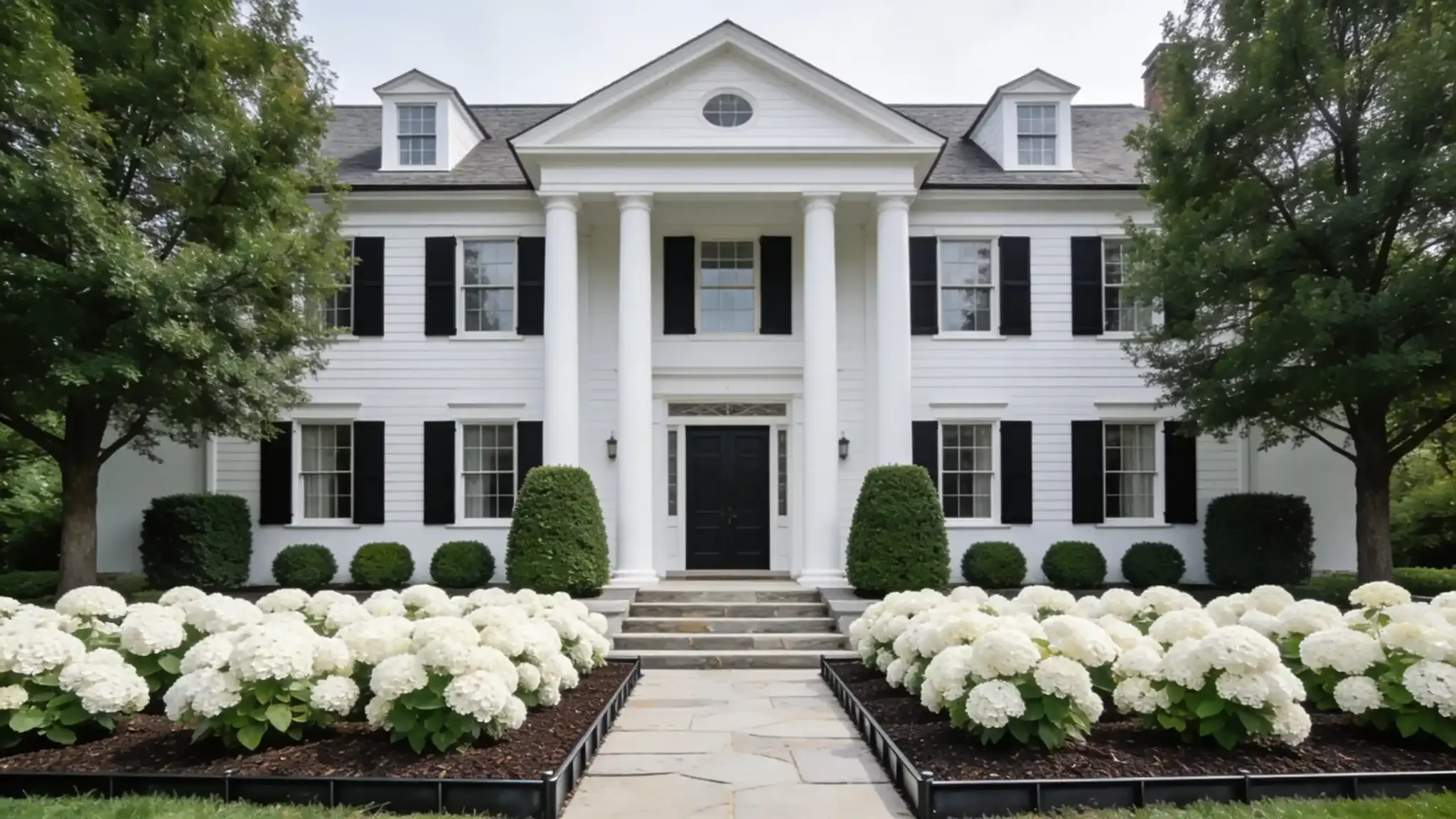 symmetrical foundation bed with boxwood and white hydrangea flanking a colonial home entrance