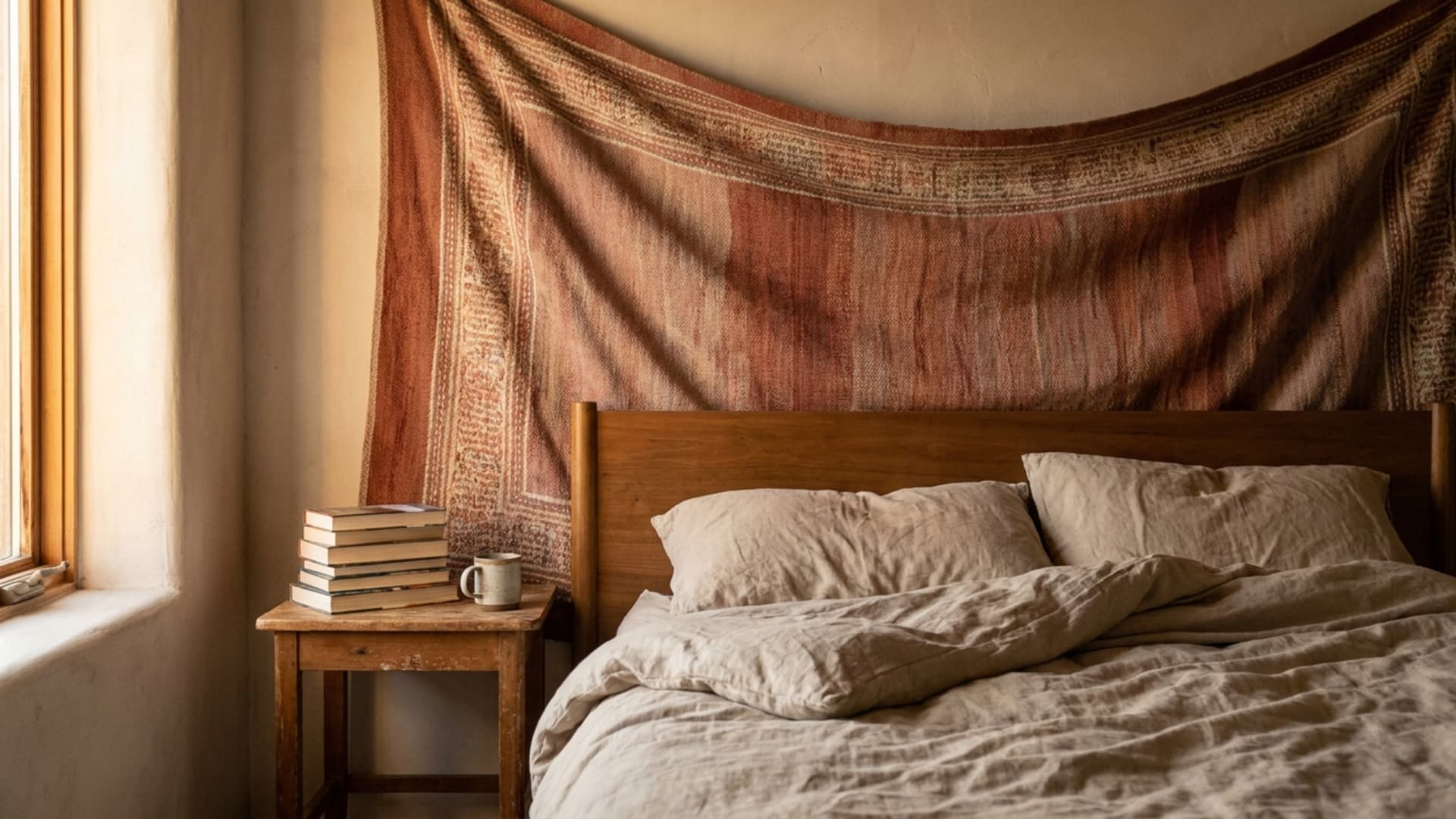 tapestry hung headboard in earthy tones behind a bed