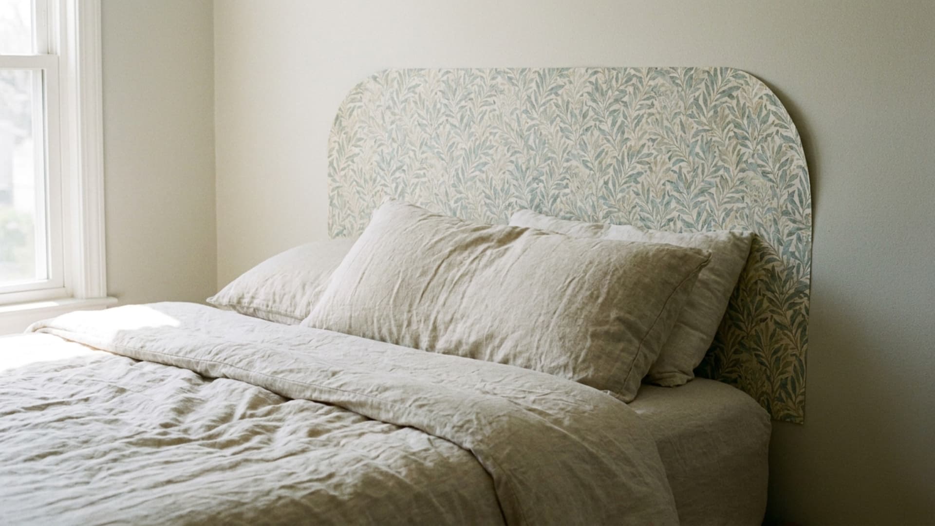 temporary wallpaper panel headboard behind a bed with neutral bedding